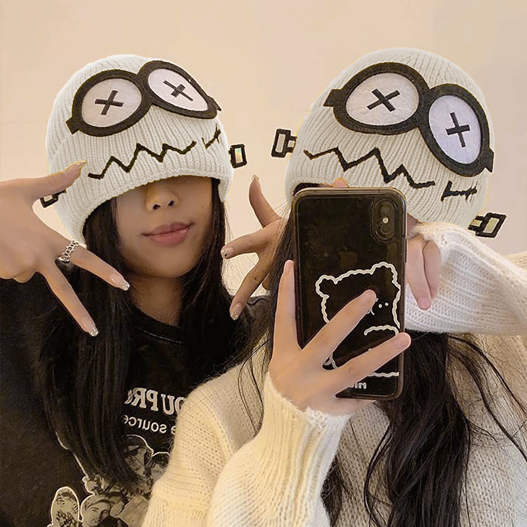 Anna-Kaci Women's Knitted Beanie with Cartoon Monster Eye Design - Cute & Warm Winter Hat for Cold Weather