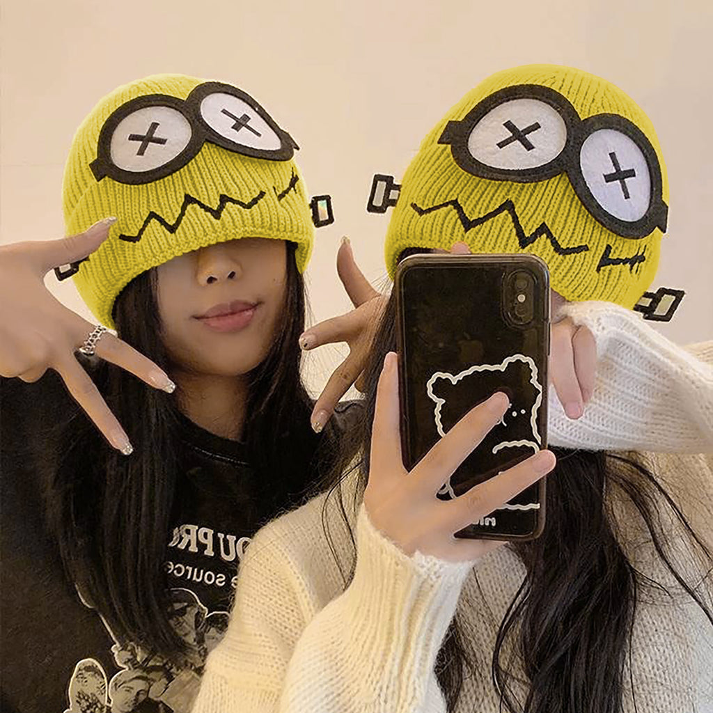 Anna-Kaci Women's Knitted Beanie with Cartoon Monster Eye Design - Cute & Warm Winter Hat for Cold Weather