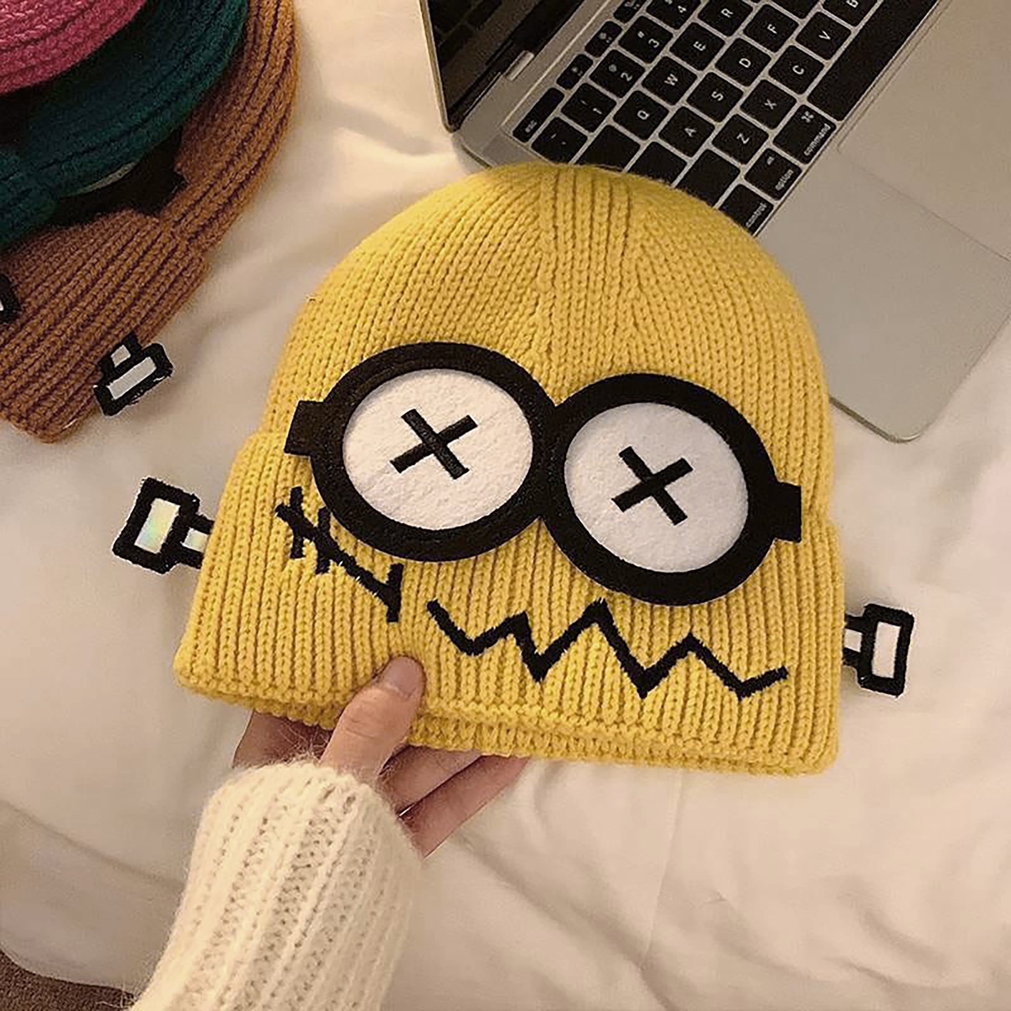 Anna-Kaci Women's Knitted Beanie with Cartoon Monster Eye Design - Cute & Warm Winter Hat for Cold Weather