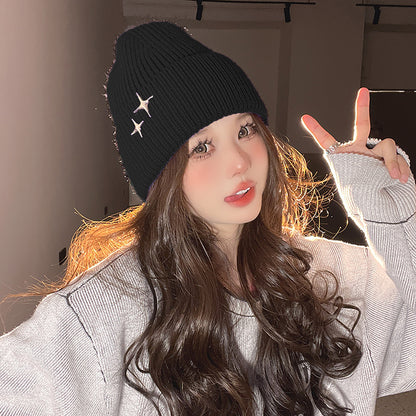 Anna-Kaci Women's Coral Knitted Beanie with Star Embroidery - Stylish & Warm Winter Hat