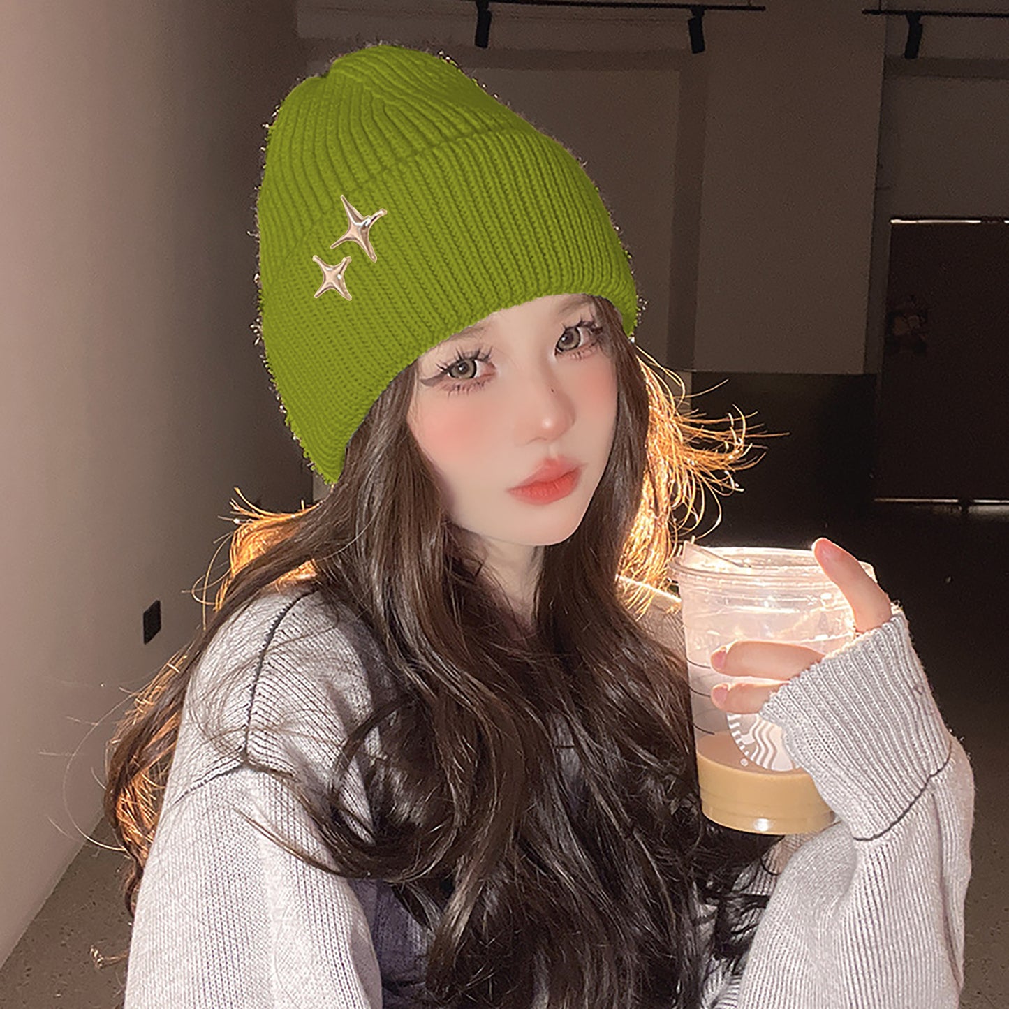 Anna-Kaci Women's Coral Knitted Beanie with Star Embroidery - Stylish & Warm Winter Hat