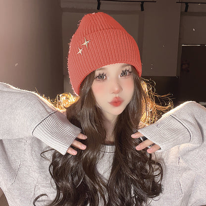 Anna-Kaci Women's Coral Knitted Beanie with Star Embroidery - Stylish & Warm Winter Hat