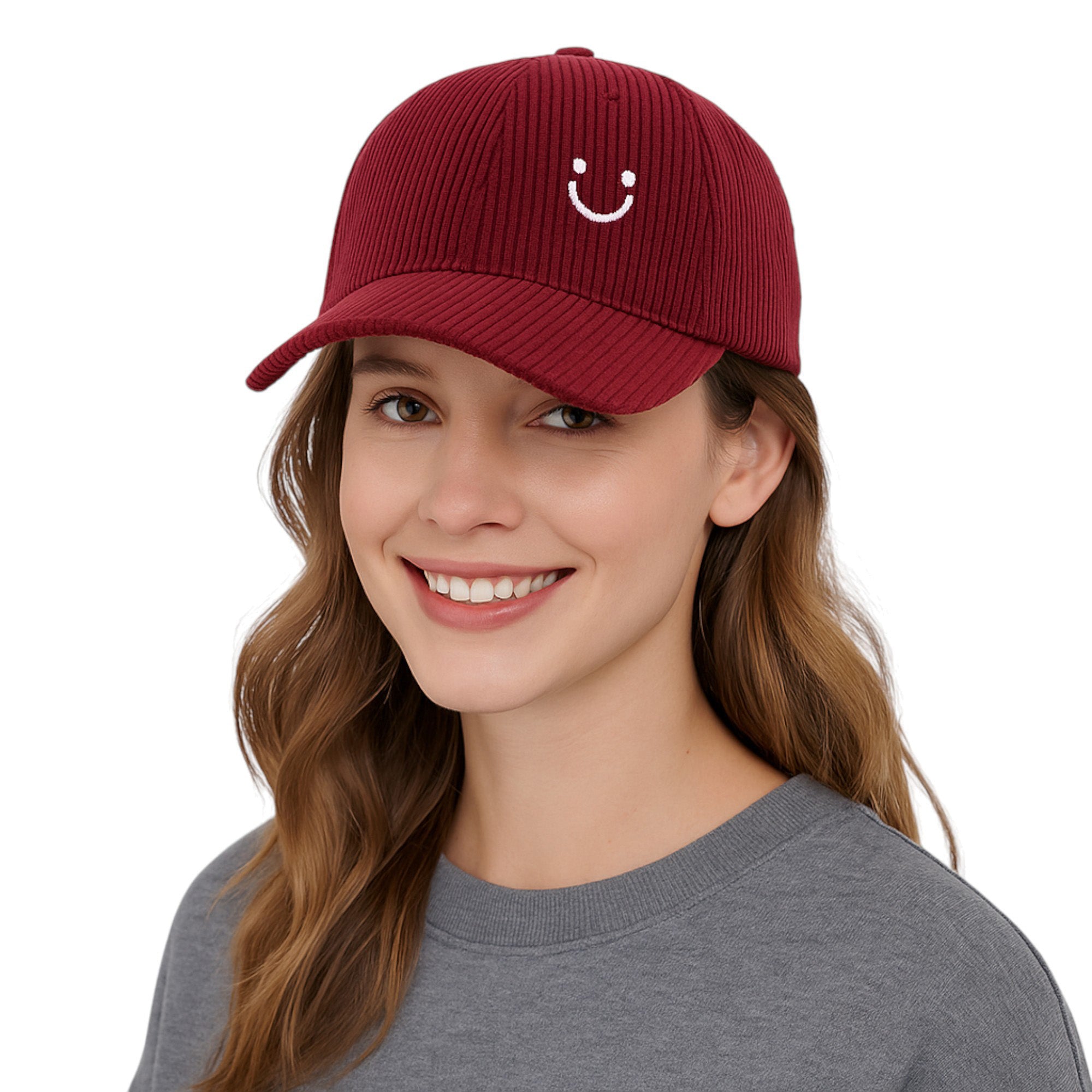 Anna-Kaci Corduroy Baseball Cap with Soft Ribbed Texture and Embroidered Smiley Detail