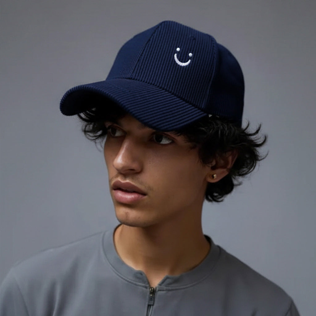 Anna-Kaci Corduroy Baseball Cap with Soft Ribbed Texture and Embroidered Smiley Detail