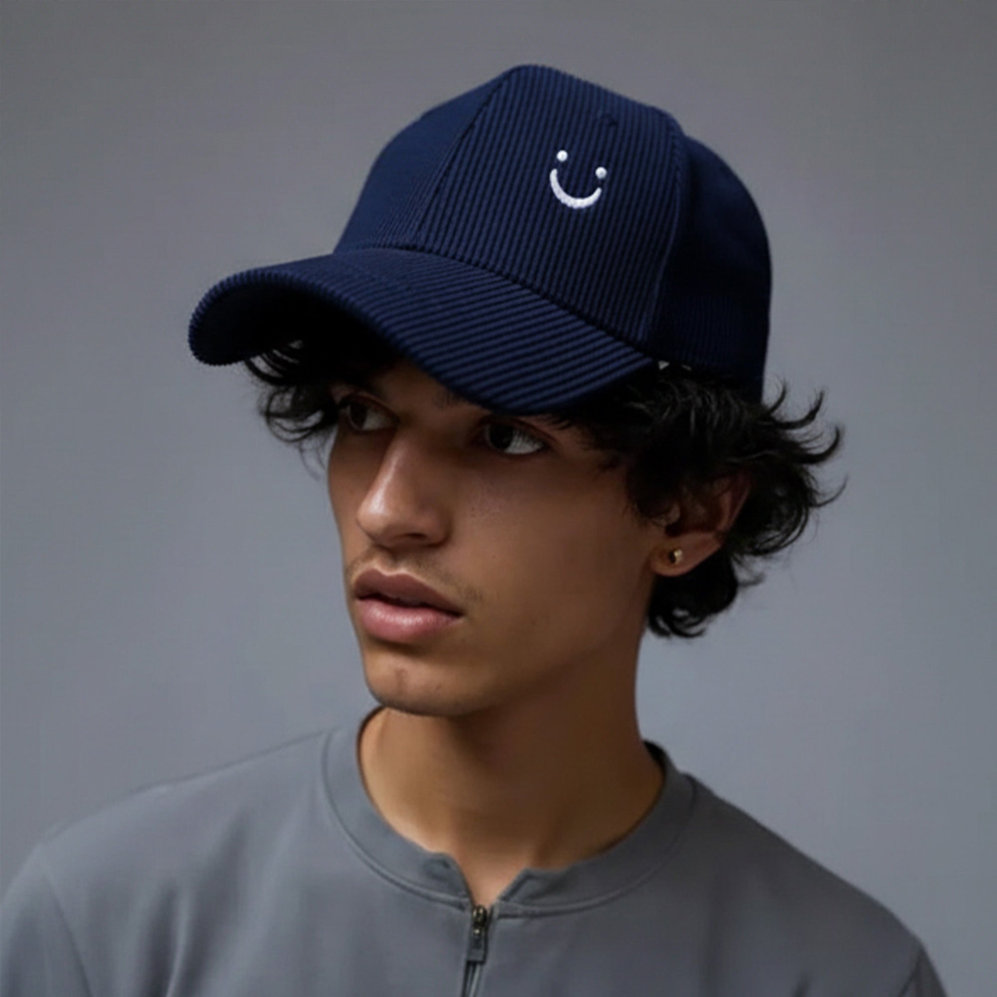 Anna-Kaci Corduroy Baseball Cap with Soft Ribbed Texture and Embroidered Smiley Detail