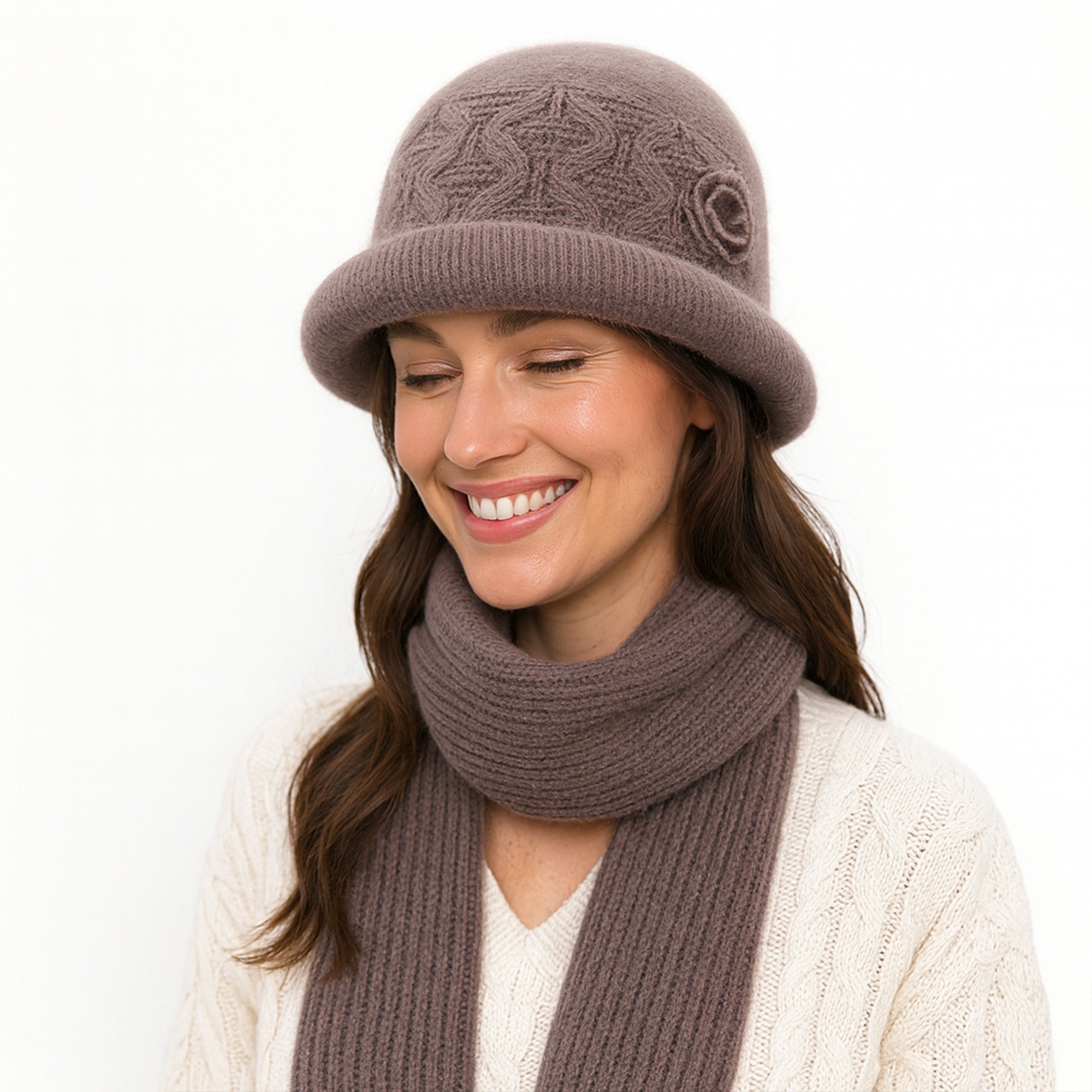 Anna-Kaci Women's Soft Knit Winter Hat with Rolled Brim and Elegant Floral Detail
