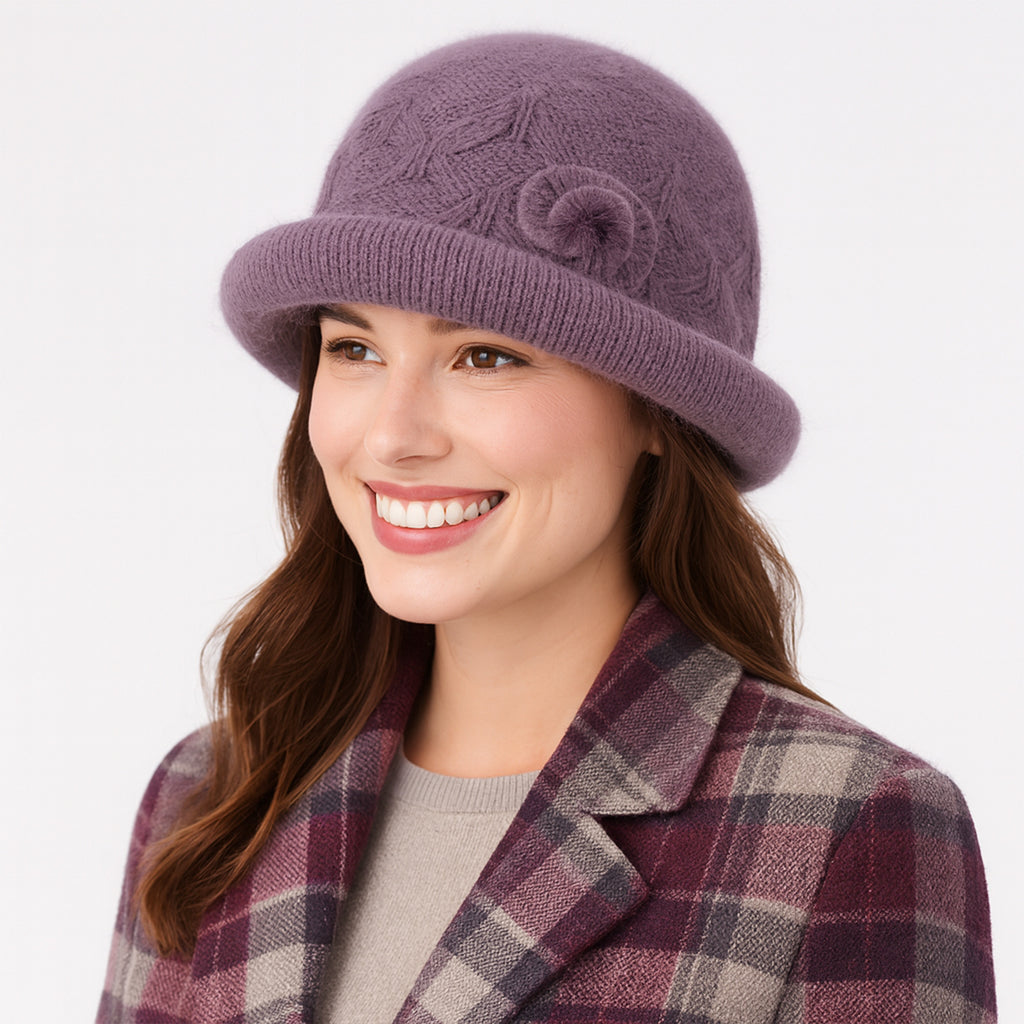 Anna-Kaci Women's Soft Knit Winter Hat with Rolled Brim and Elegant Floral Detail