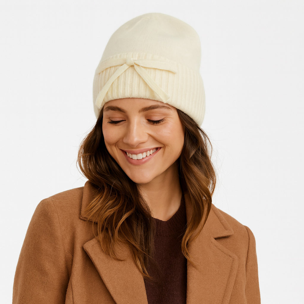 Anna-Kaci Women's Soft Knit Cuffed Beanie Hat with Ribbed Foldover Hem and Delicate Bow Detail