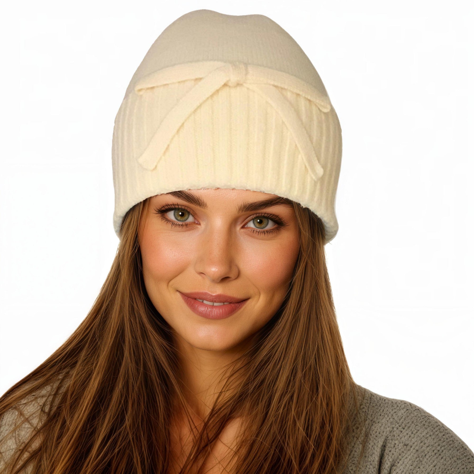 Anna-Kaci Women's Soft Knit Cuffed Beanie Hat with Ribbed Foldover Hem and Delicate Bow Detail