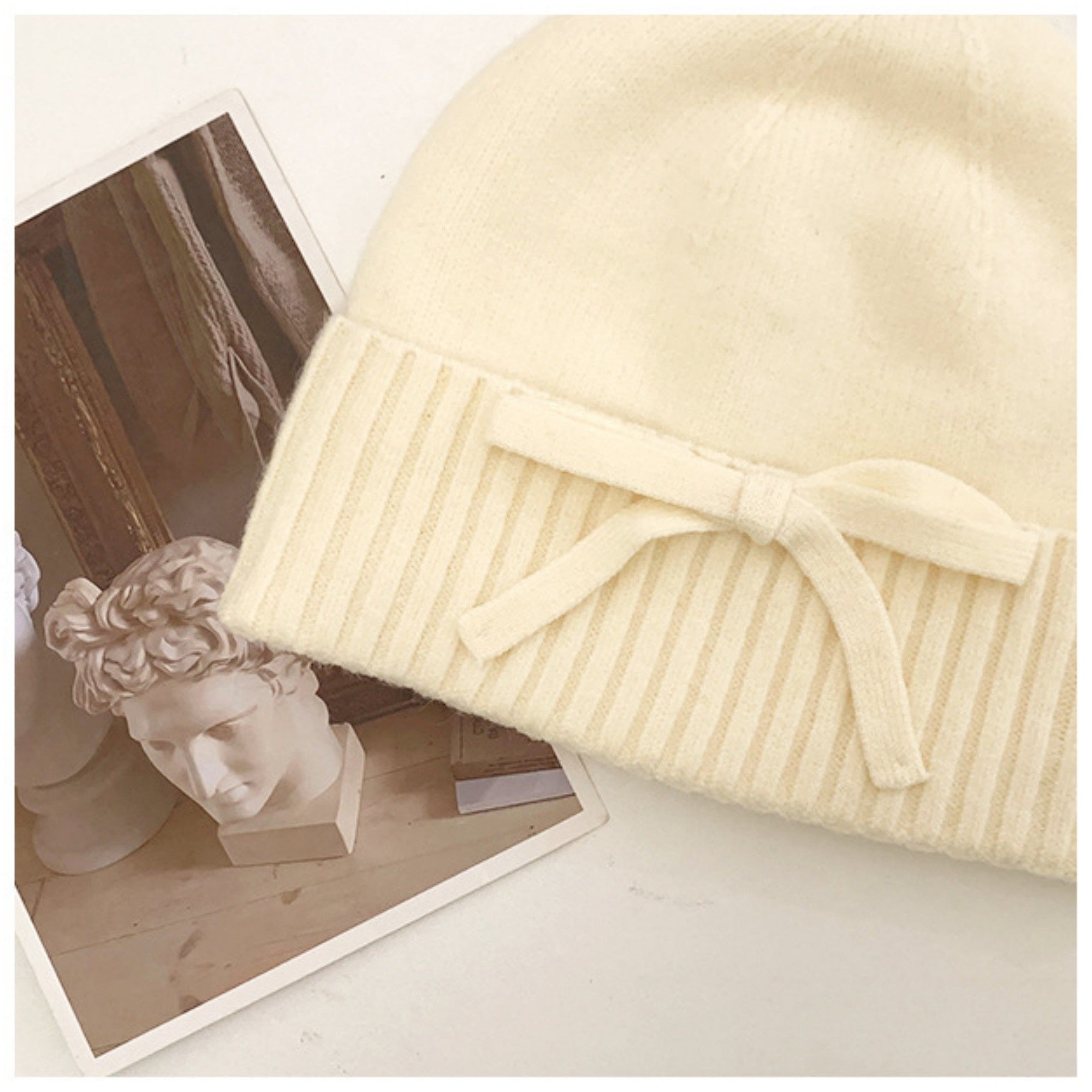 Anna-Kaci Women's Soft Knit Cuffed Beanie Hat with Ribbed Foldover Hem and Delicate Bow Detail