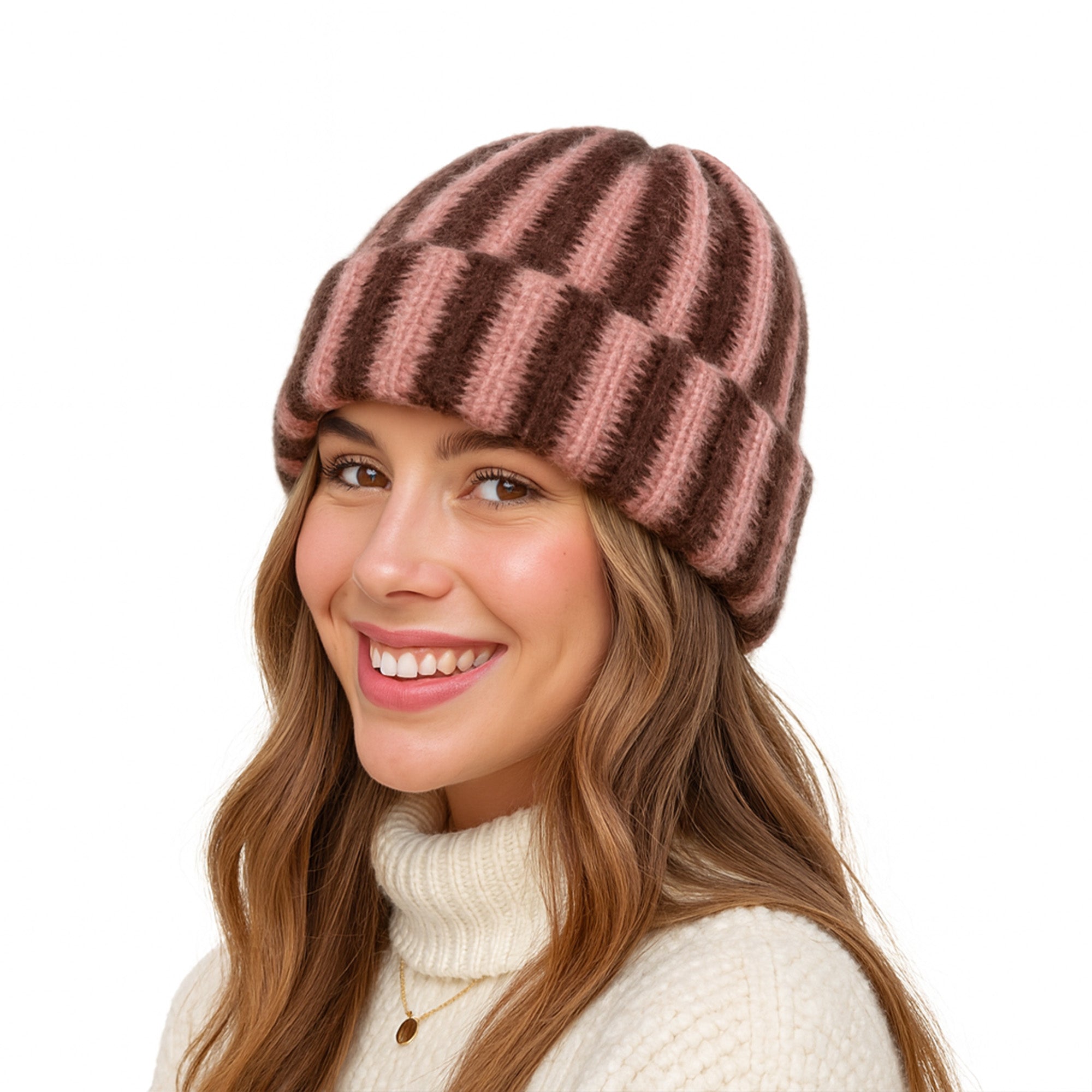 Anna-Kaci Knit Beanie with Colorblock Stripes and Folded Cuff Winter Hat