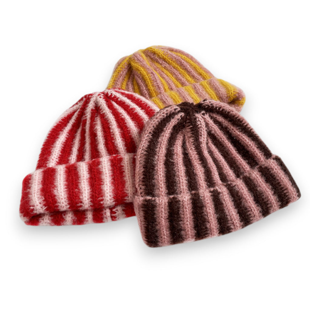 Anna-Kaci Knit Beanie with Colorblock Stripes and Folded Cuff Winter Hat