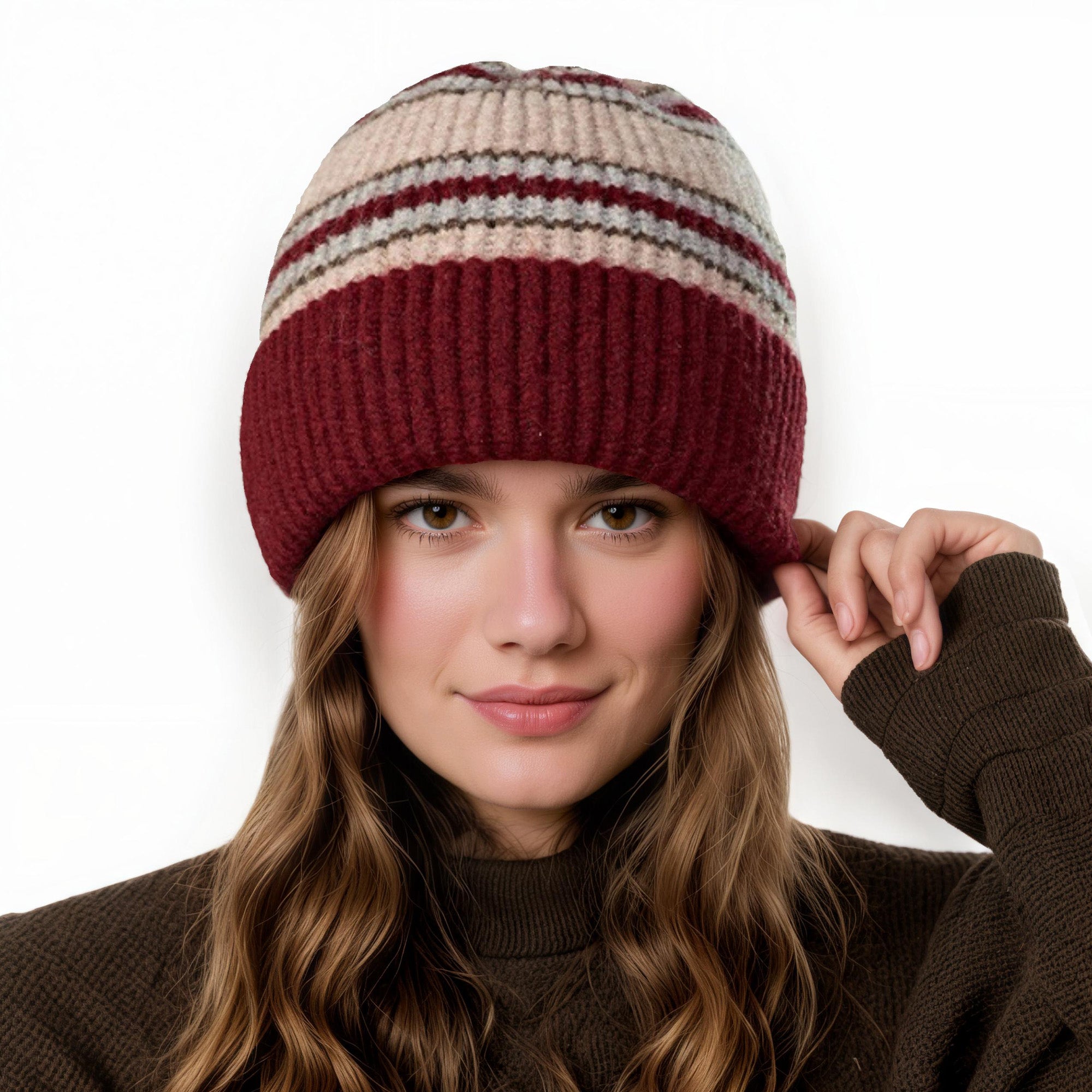 Anna-Kaci Women's Soft Ribbed Knit Beanie Hat with Striped Pattern