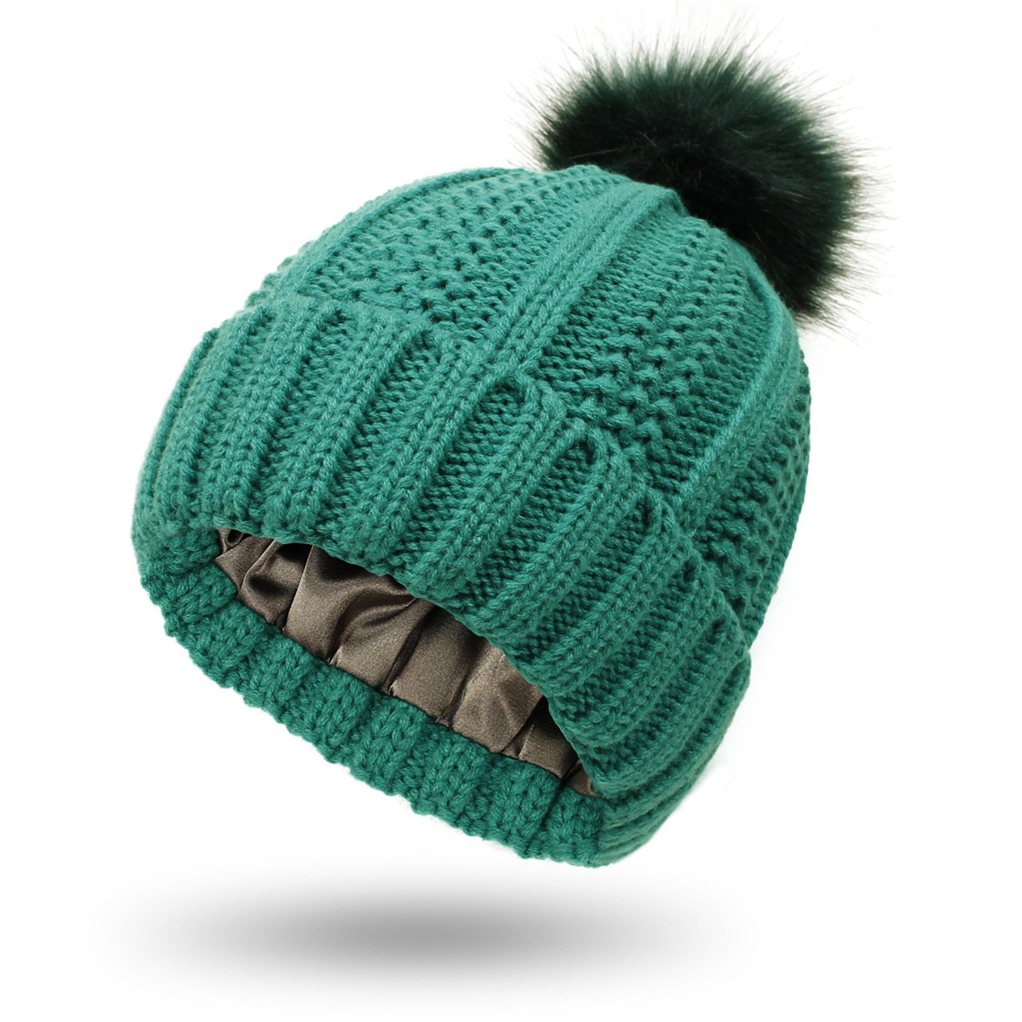 Anna-Kaci Women's Soft Knit Winter Beanie Hat with Satin-Lined Interior Ribbed Texture and Fluffy Pom Detail
