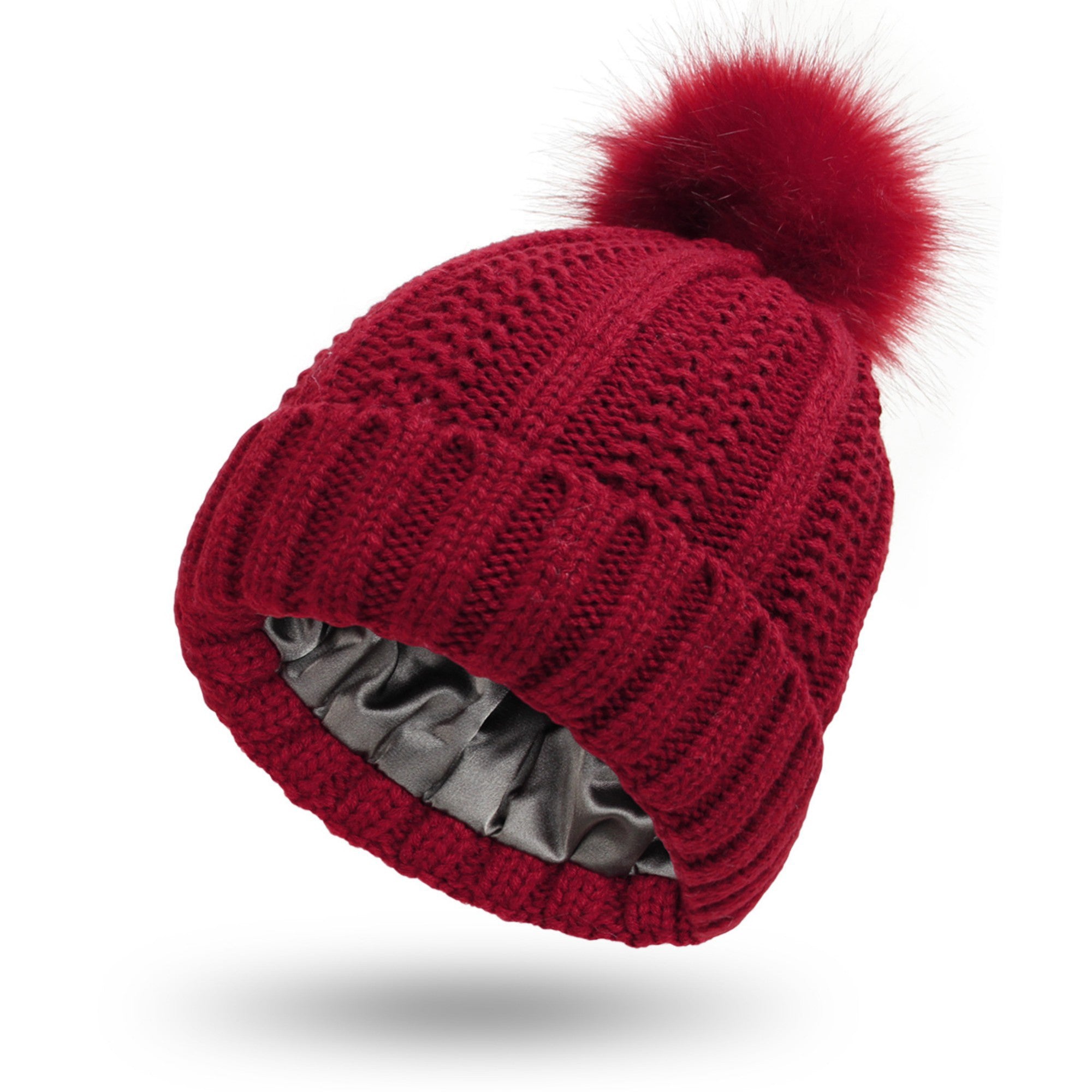 Anna-Kaci Women's Soft Knit Winter Beanie Hat with Satin-Lined Interior Ribbed Texture and Fluffy Pom Detail