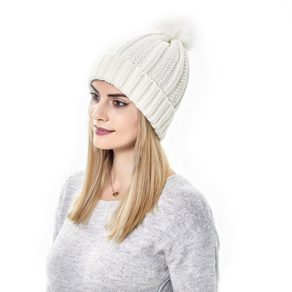 Anna-Kaci Women's Soft Knit Winter Beanie Hat with Satin-Lined Interior Ribbed Texture and Fluffy Pom Detail