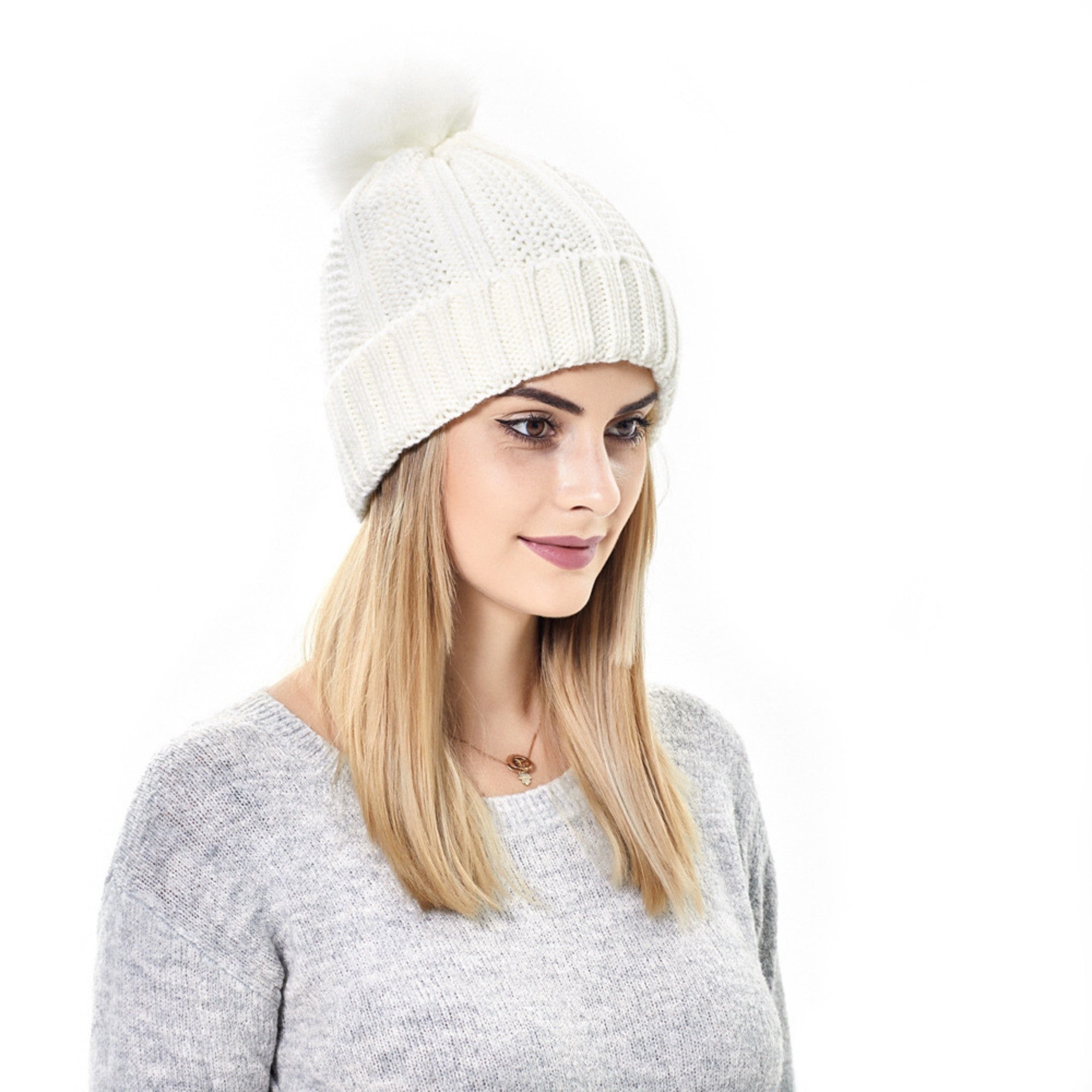 Anna-Kaci Women's Soft Knit Winter Beanie Hat with Satin-Lined Interior Ribbed Texture and Fluffy Pom Detail