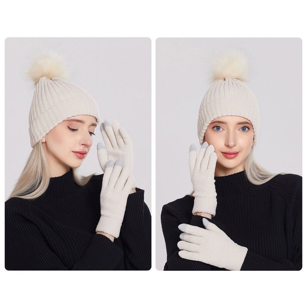 Anna-Kaci Knit Beanie and Touchscreen Gloves 2-Piece Winter Accessory Set with Ribbed Cuff Design and Fluffy Pom Pom Detail