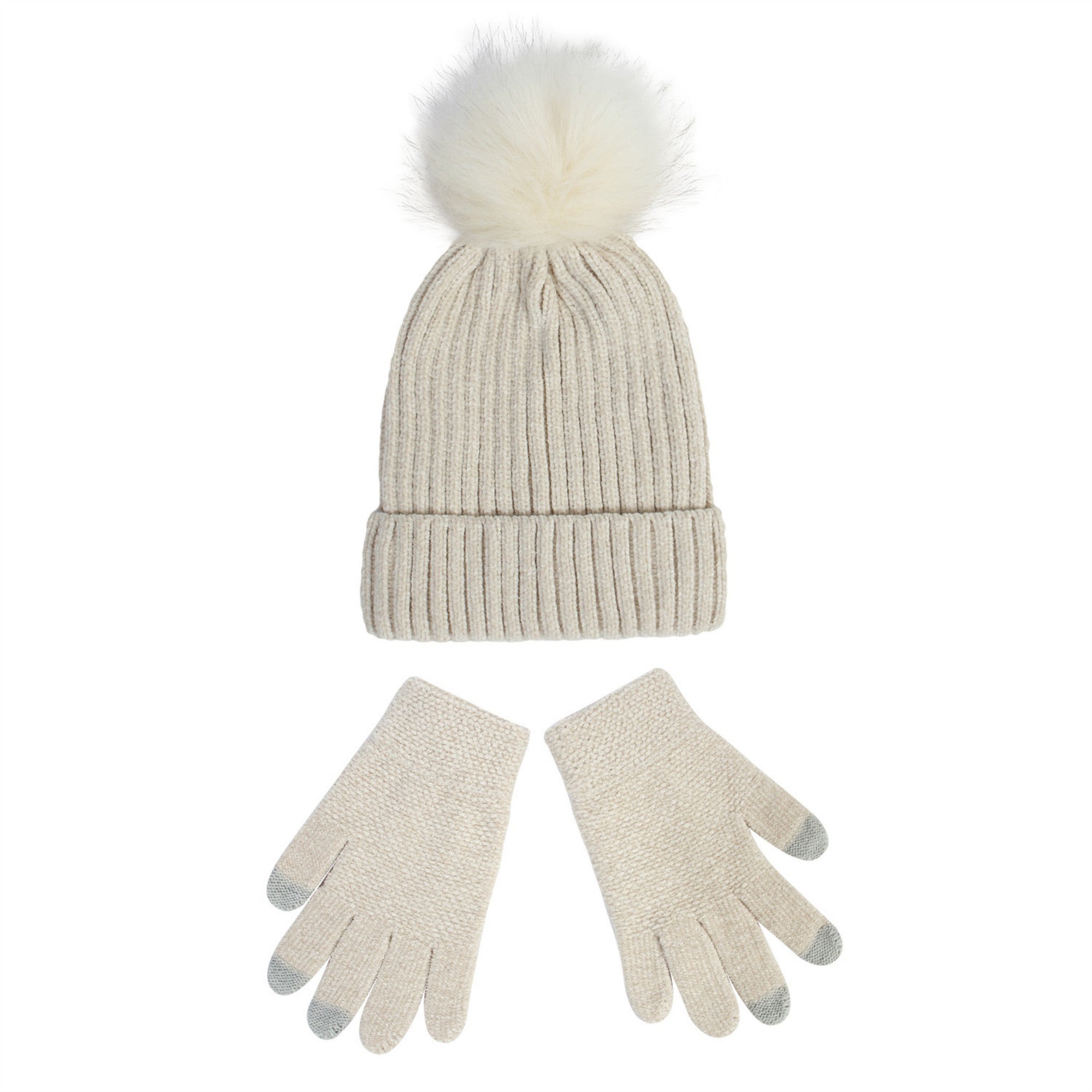 Anna-Kaci Knit Beanie and Touchscreen Gloves 2-Piece Winter Accessory Set with Ribbed Cuff Design and Fluffy Pom Pom Detail