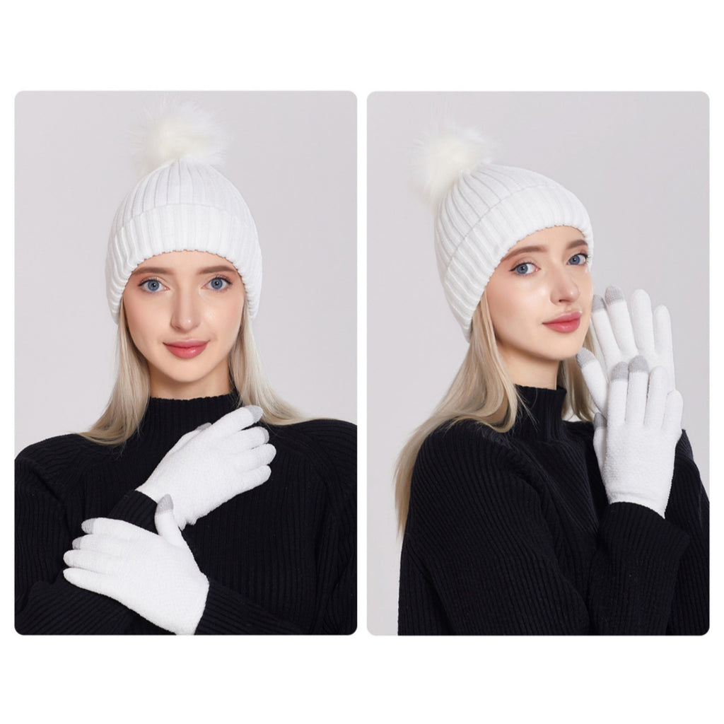 Anna-Kaci Knit Beanie and Touchscreen Gloves 2-Piece Winter Accessory Set with Ribbed Cuff Design and Fluffy Pom Pom Detail