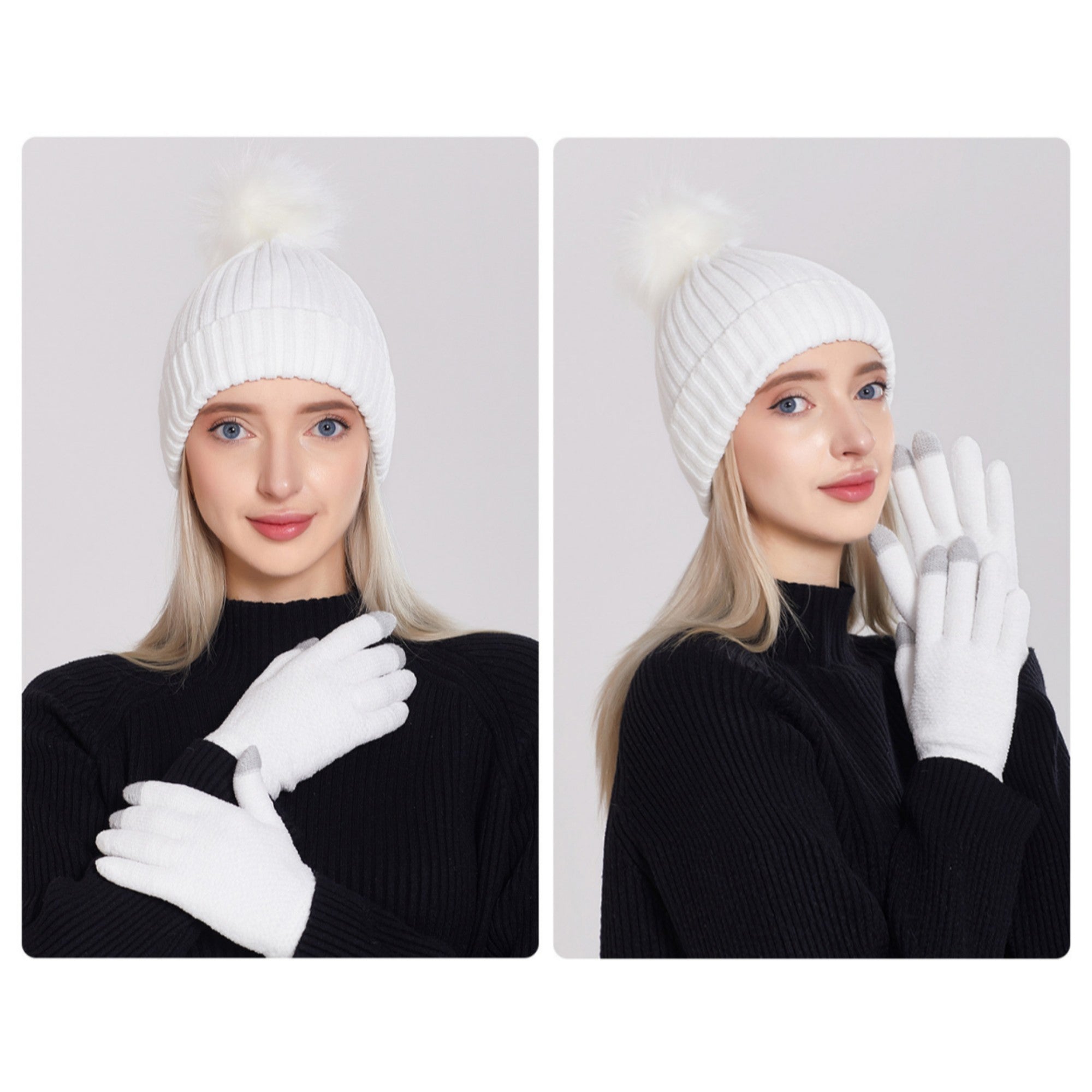 Anna-Kaci Knit Beanie and Touchscreen Gloves 2-Piece Winter Accessory Set with Ribbed Cuff Design and Fluffy Pom Pom Detail