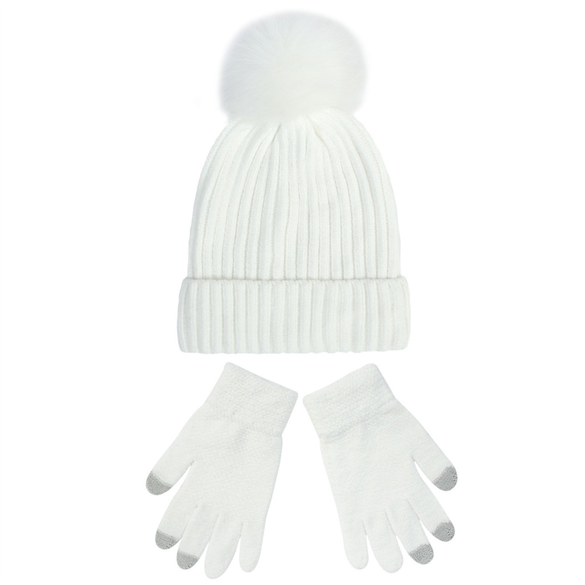 Anna-Kaci Knit Beanie and Touchscreen Gloves 2-Piece Winter Accessory Set with Ribbed Cuff Design and Fluffy Pom Pom Detail