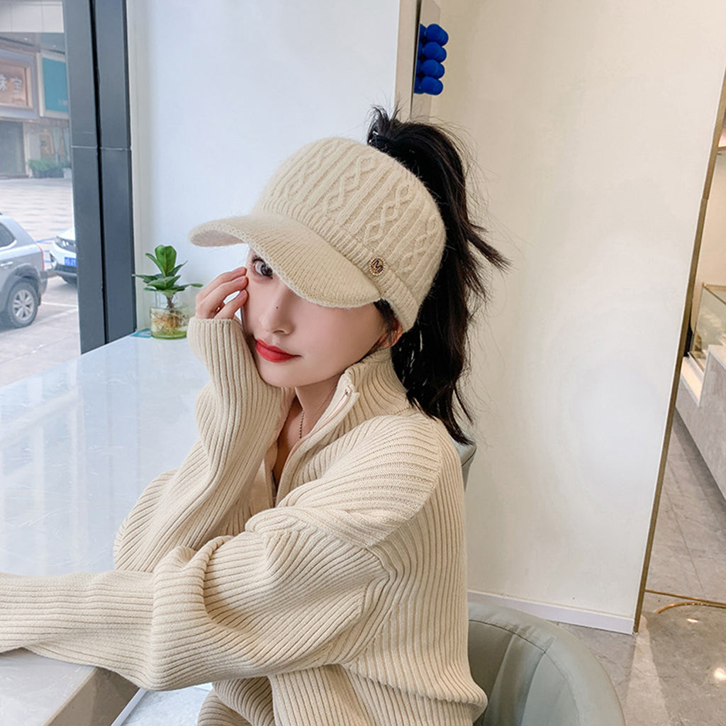 Anna-Kaci Plush Knit Ponytail Visor Hat with Soft Textured Cable Pattern and Curved Brim Design for Comfortable Everyday Cold-Weather Wear