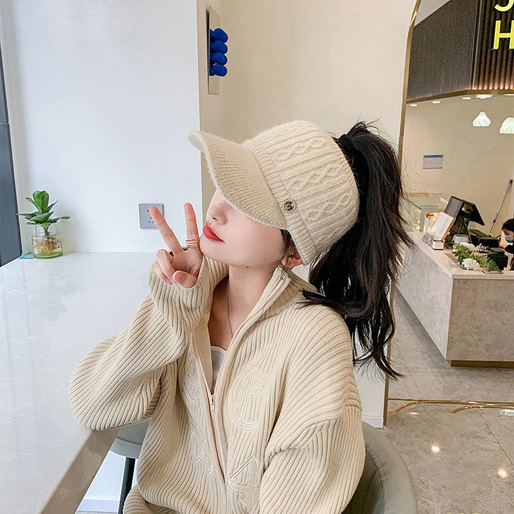 Anna-Kaci Plush Knit Ponytail Visor Hat with Soft Textured Cable Pattern and Curved Brim Design for Comfortable Everyday Cold-Weather Wear