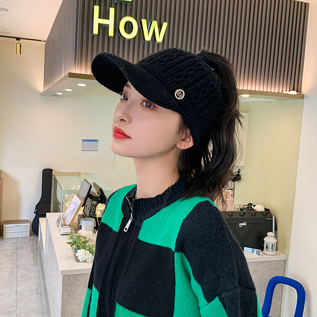 Anna-Kaci Plush Knit Ponytail Visor Hat with Soft Textured Cable Pattern and Curved Brim Design for Comfortable Everyday Cold-Weather Wear