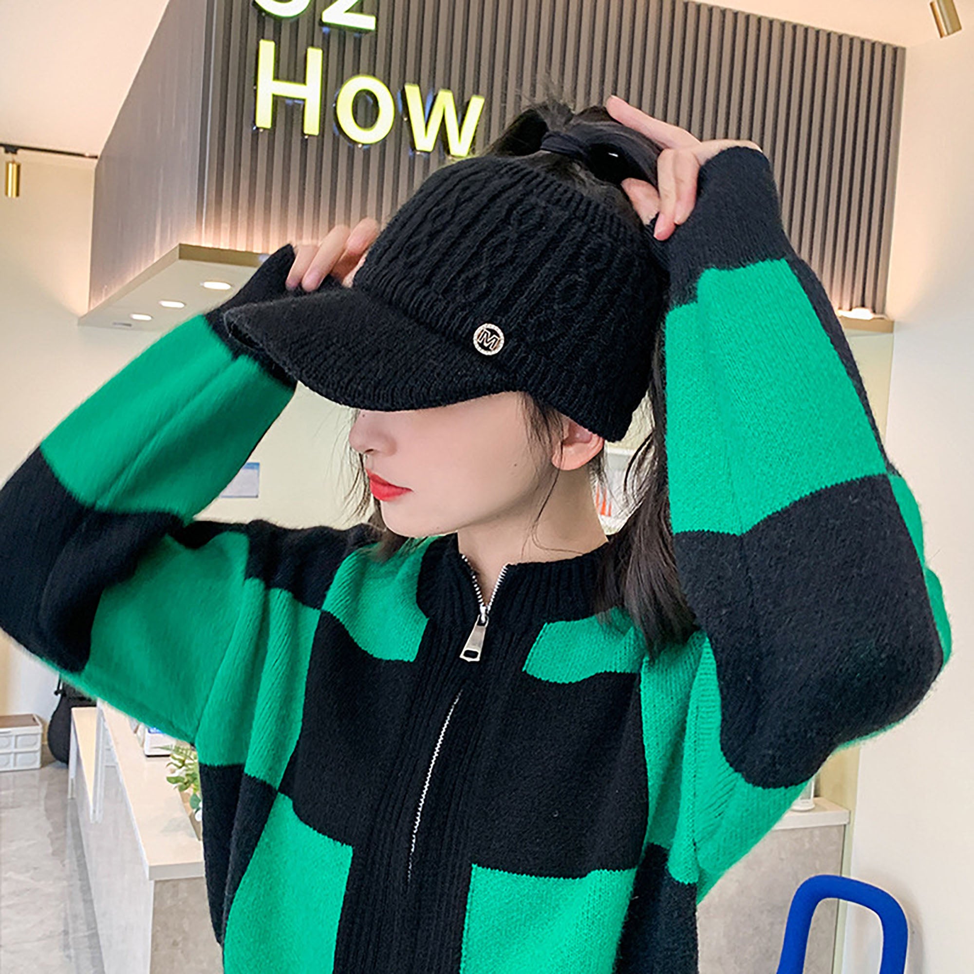 Anna-Kaci Plush Knit Ponytail Visor Hat with Soft Textured Cable Pattern and Curved Brim Design for Comfortable Everyday Cold-Weather Wear