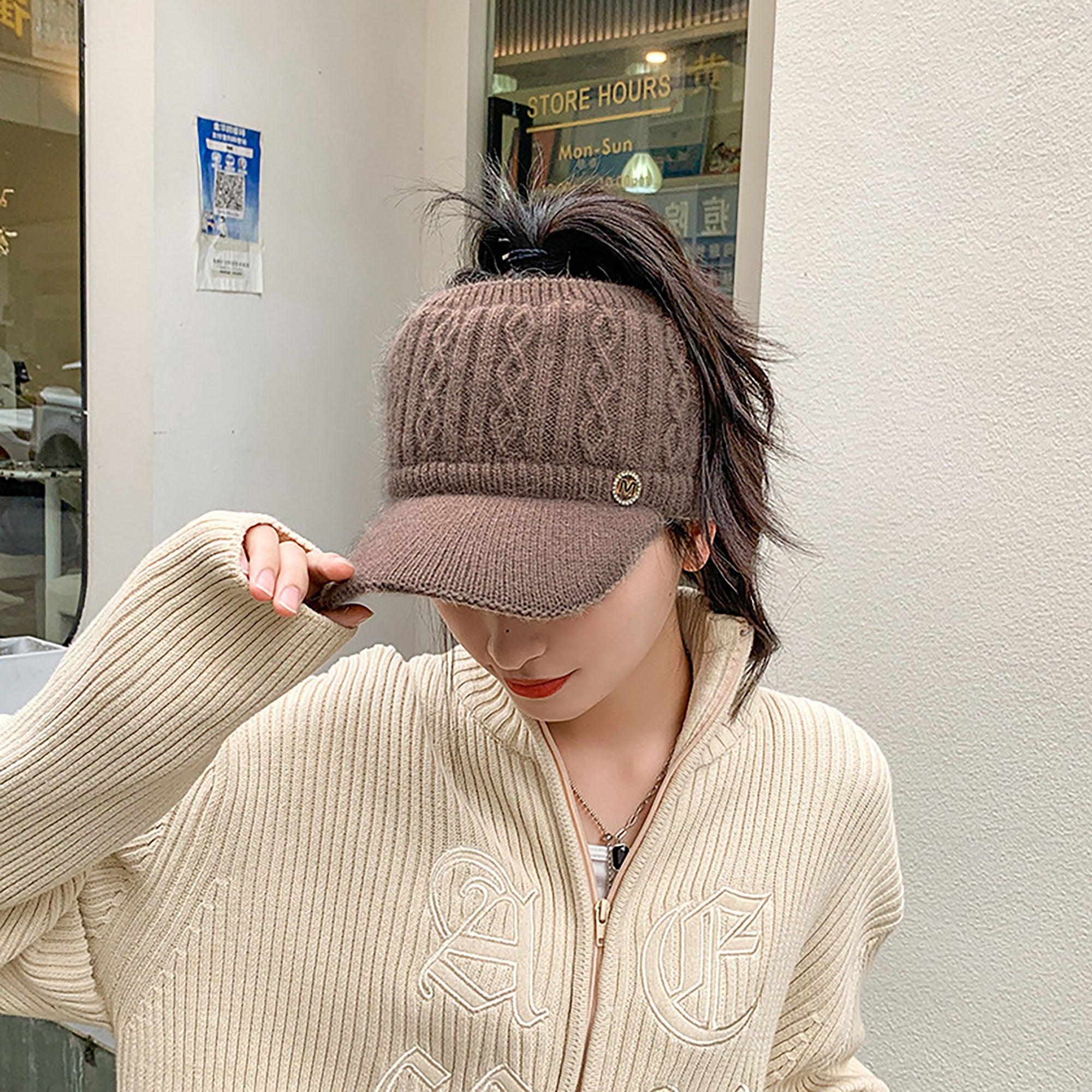 Anna-Kaci Plush Knit Ponytail Visor Hat with Soft Textured Cable Pattern and Curved Brim Design for Comfortable Everyday Cold-Weather Wear