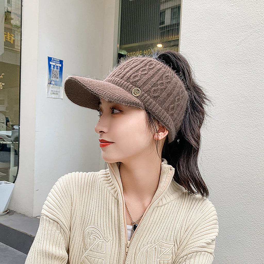 Anna-Kaci Plush Knit Ponytail Visor Hat with Soft Textured Cable Pattern and Curved Brim Design for Comfortable Everyday Cold-Weather Wear