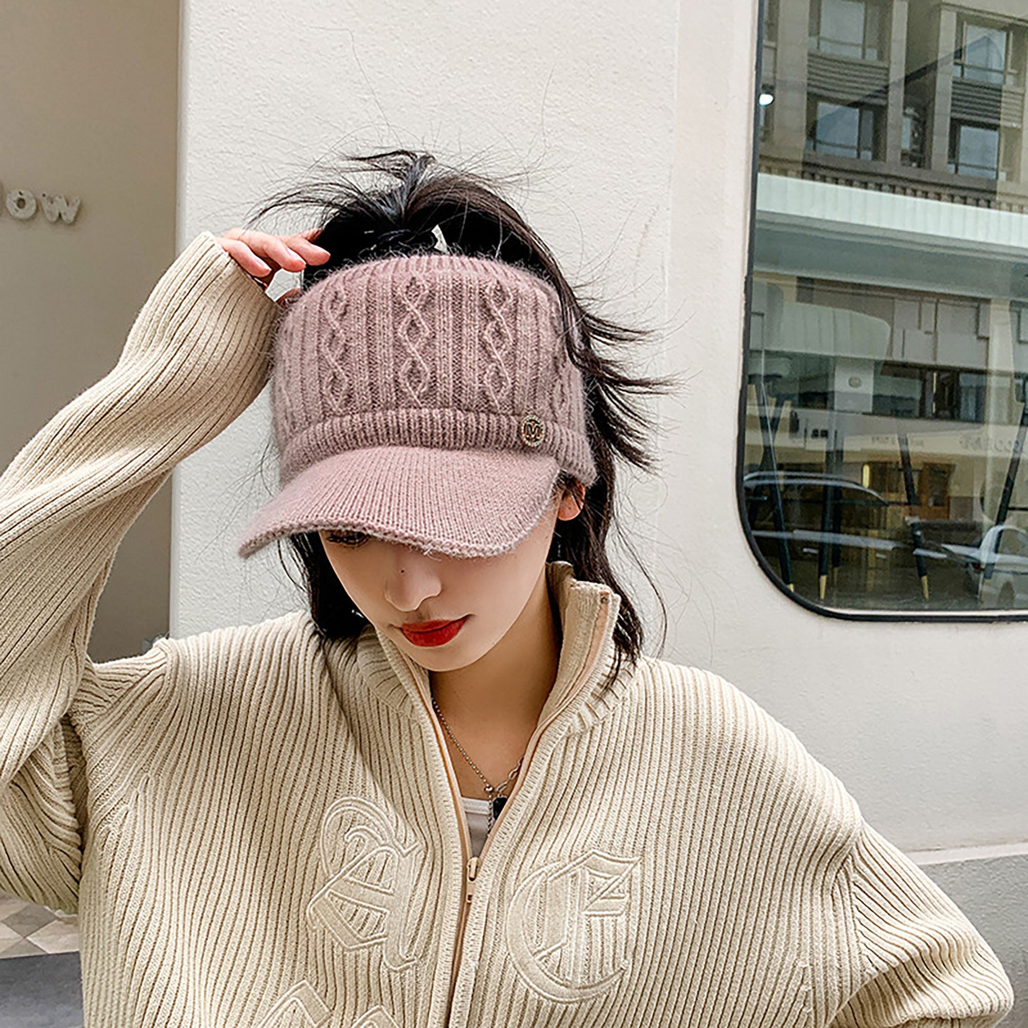 Anna-Kaci Plush Knit Ponytail Visor Hat with Soft Textured Cable Pattern and Curved Brim Design for Comfortable Everyday Cold-Weather Wear