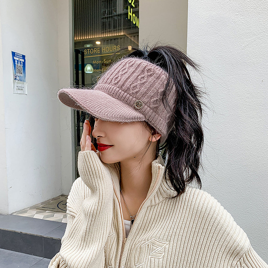 Anna-Kaci Plush Knit Ponytail Visor Hat with Soft Textured Cable Pattern and Curved Brim Design for Comfortable Everyday Cold-Weather Wear