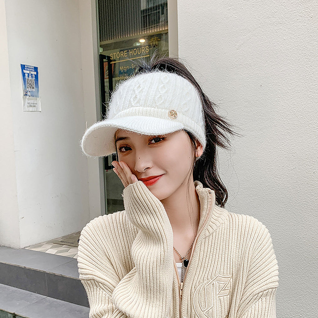Anna-Kaci Plush Knit Ponytail Visor Hat with Soft Textured Cable Pattern and Curved Brim Design for Comfortable Everyday Cold-Weather Wear