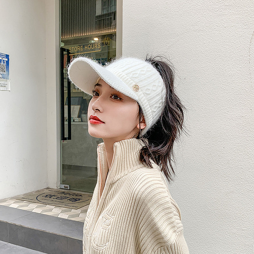 Anna-Kaci Plush Knit Ponytail Visor Hat with Soft Textured Cable Pattern and Curved Brim Design for Comfortable Everyday Cold-Weather Wear