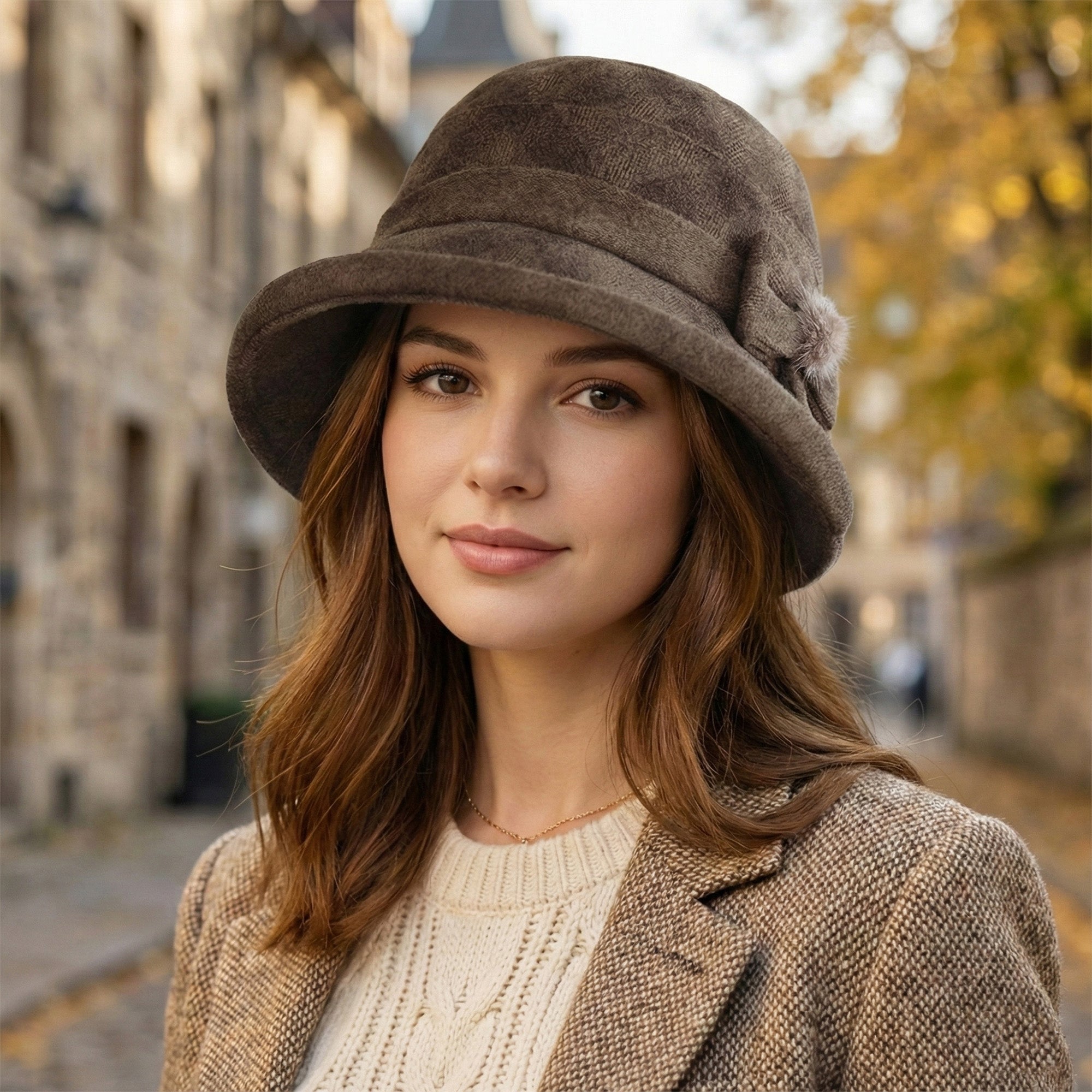 Anna-Kaci Womens Warm Plaid Roll Brim Bucket Hat with Decorative Side Bow