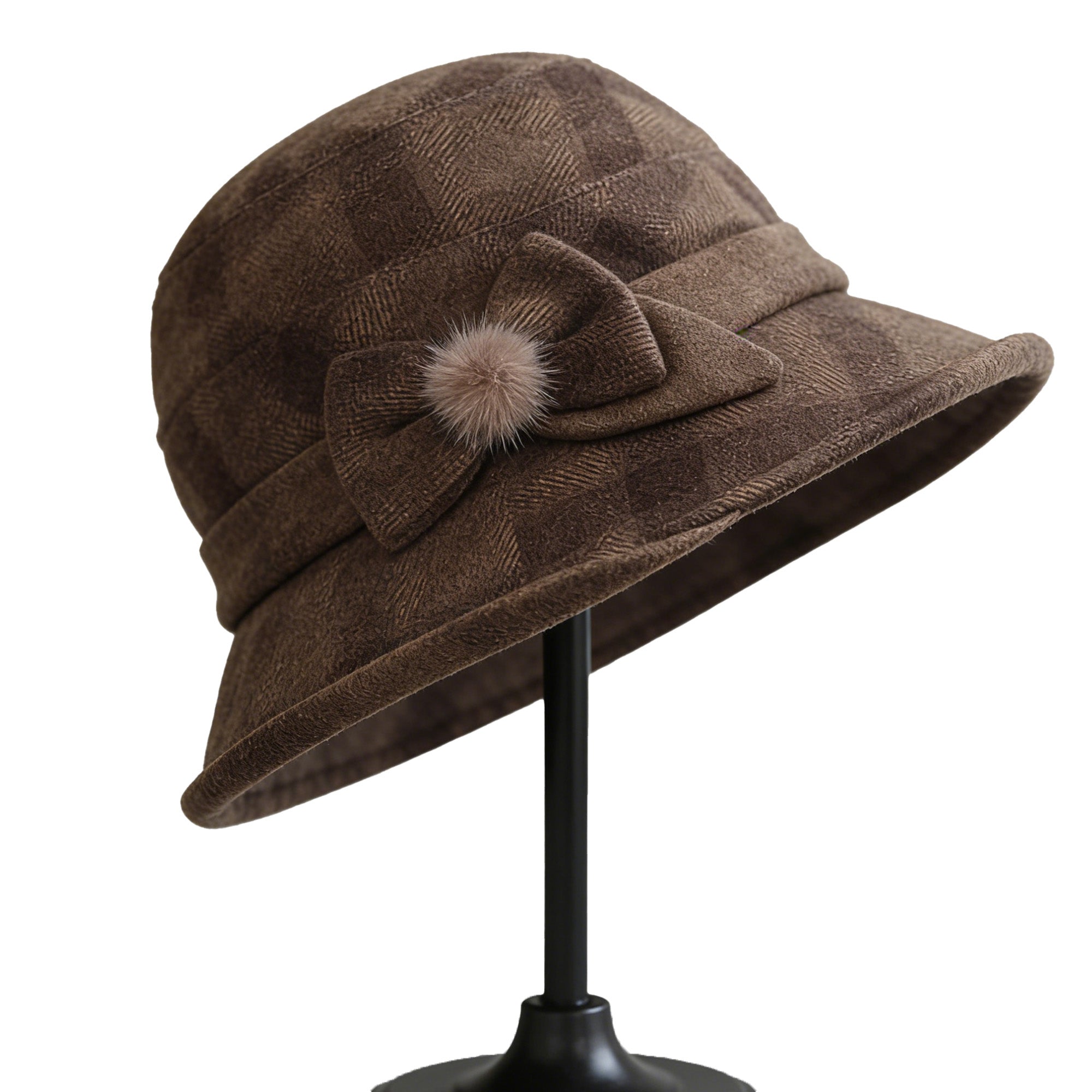 Anna-Kaci Womens Warm Plaid Roll Brim Bucket Hat with Decorative Side Bow