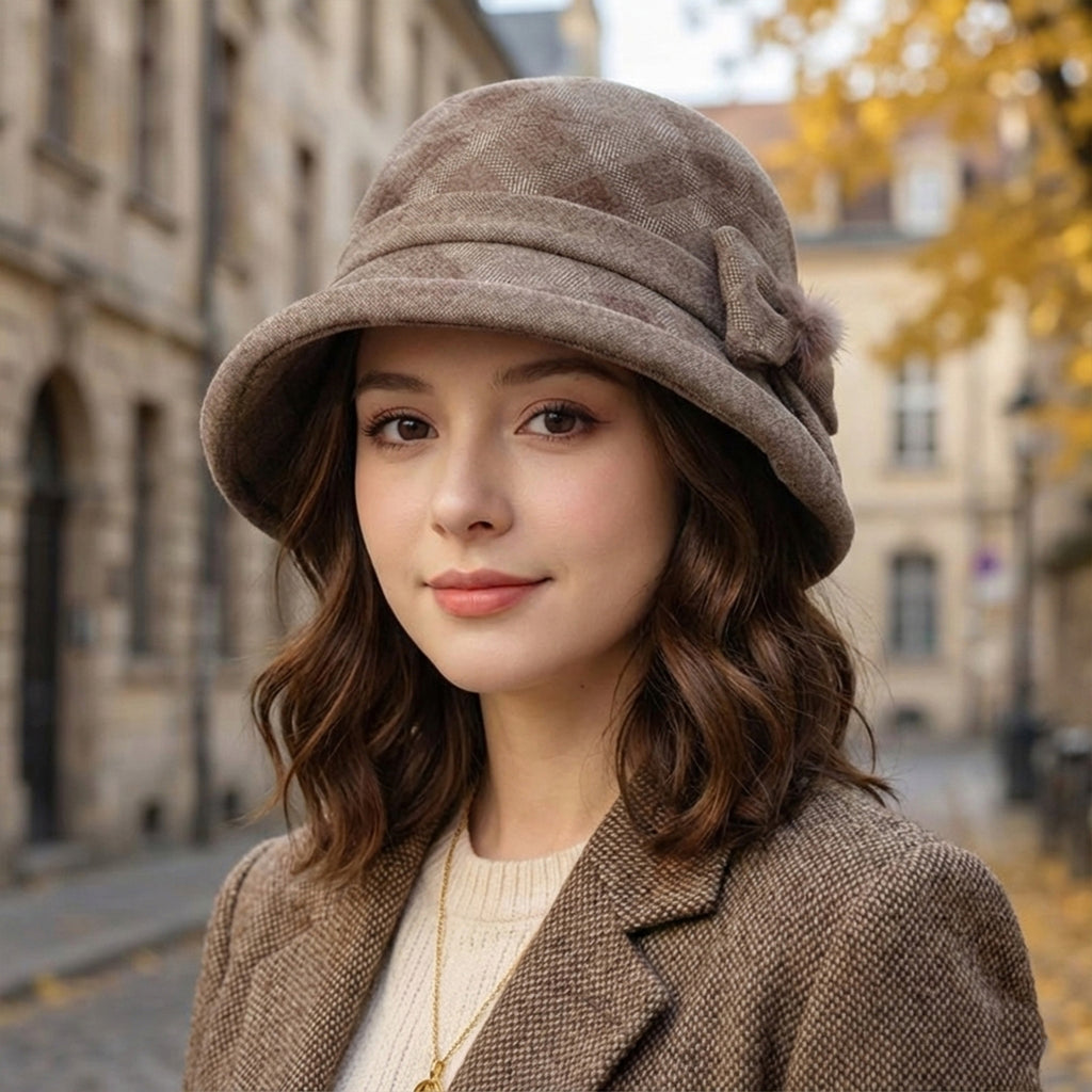 Anna-Kaci Womens Warm Plaid Roll Brim Bucket Hat with Decorative Side Bow