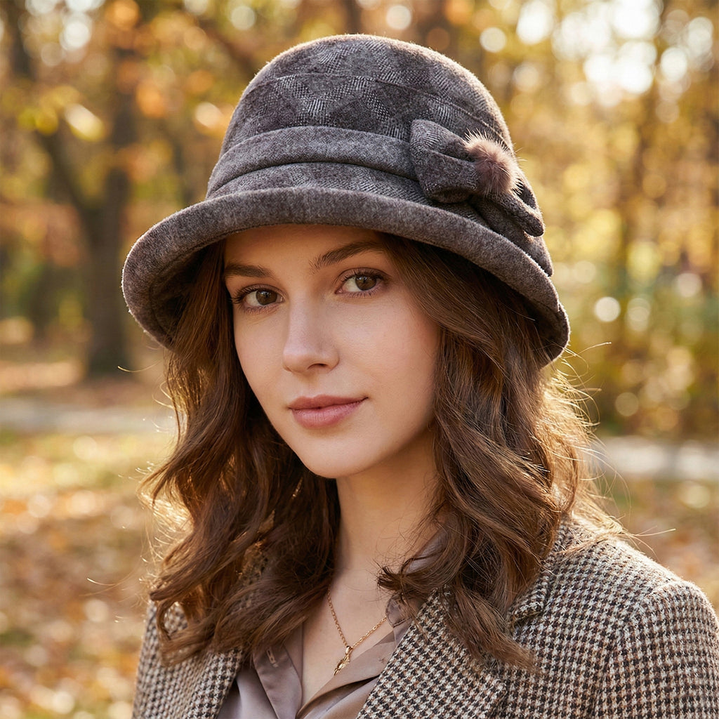 Anna-Kaci Womens Warm Plaid Roll Brim Bucket Hat with Decorative Side Bow