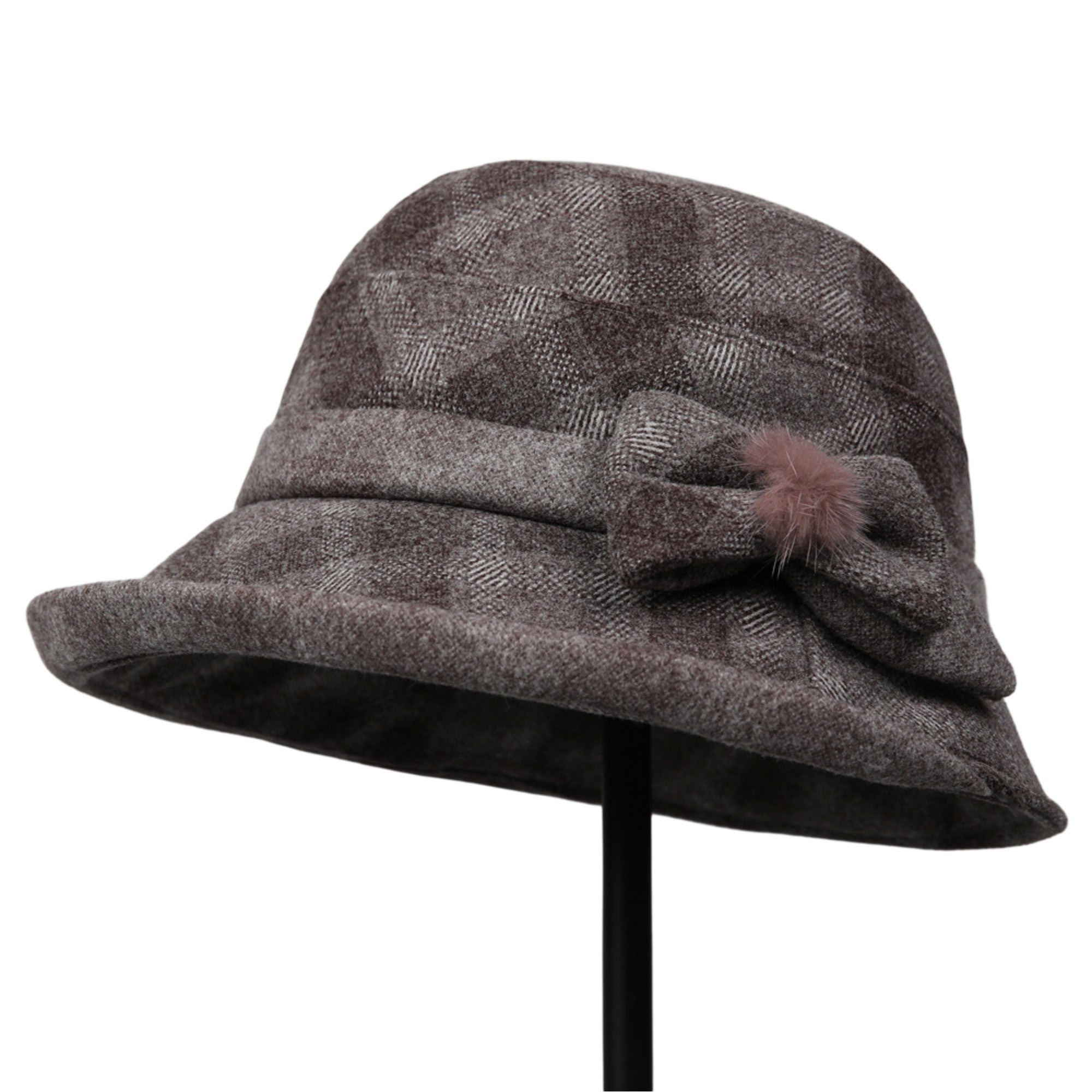 Anna-Kaci Womens Warm Plaid Roll Brim Bucket Hat with Decorative Side Bow