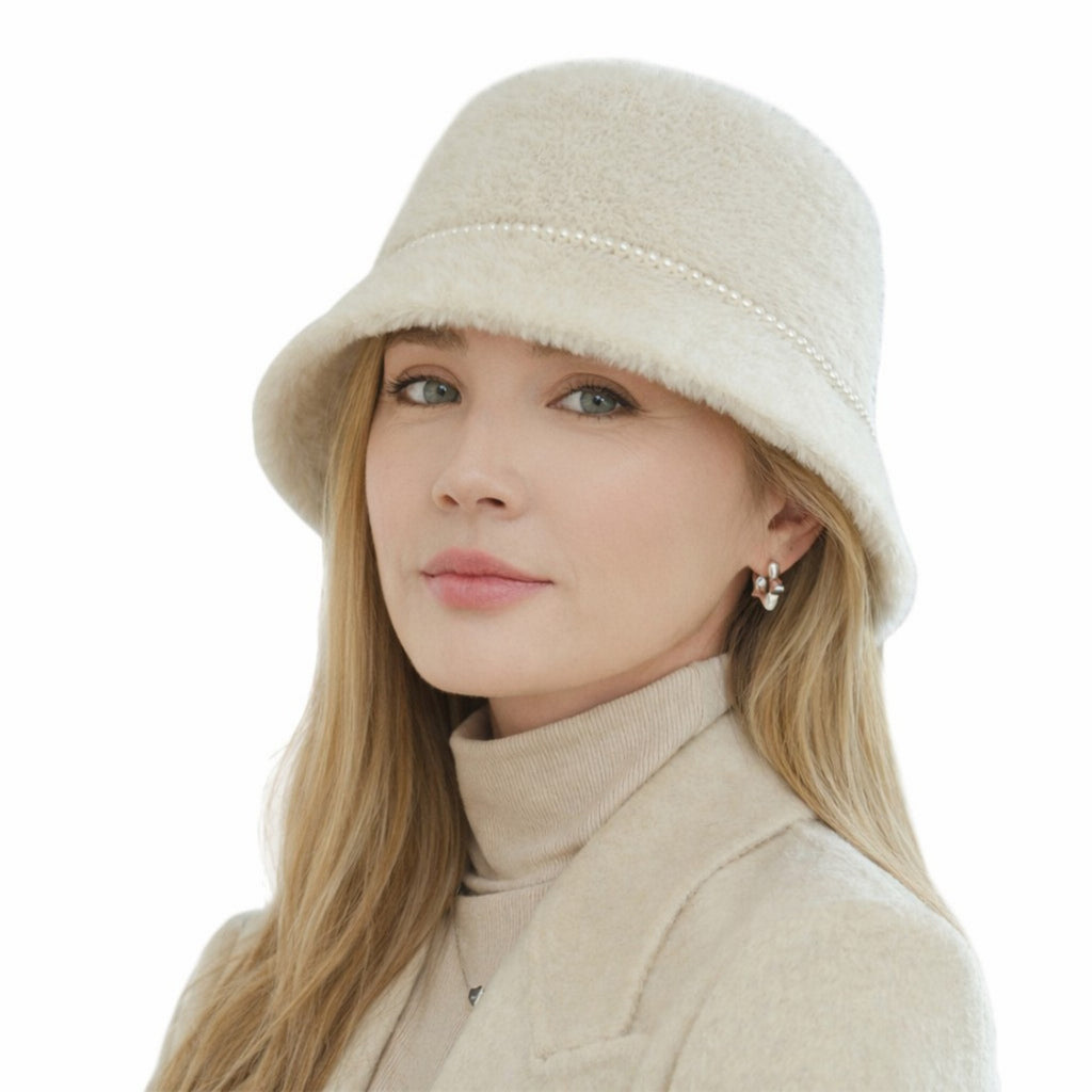 Anna-Kaci Women's Faux Fur Bucket Hat with Pearl Trim Detail Soft Textured Finish and Structured Cozy Winter Headwear 22-22.8in