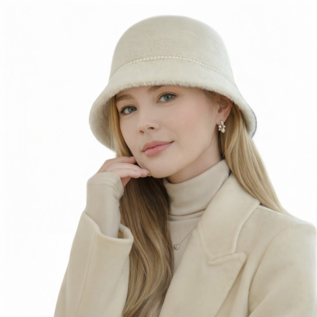Anna-Kaci Women's Faux Fur Bucket Hat with Pearl Trim Detail Soft Textured Finish and Structured Cozy Winter Headwear 22-22.8in