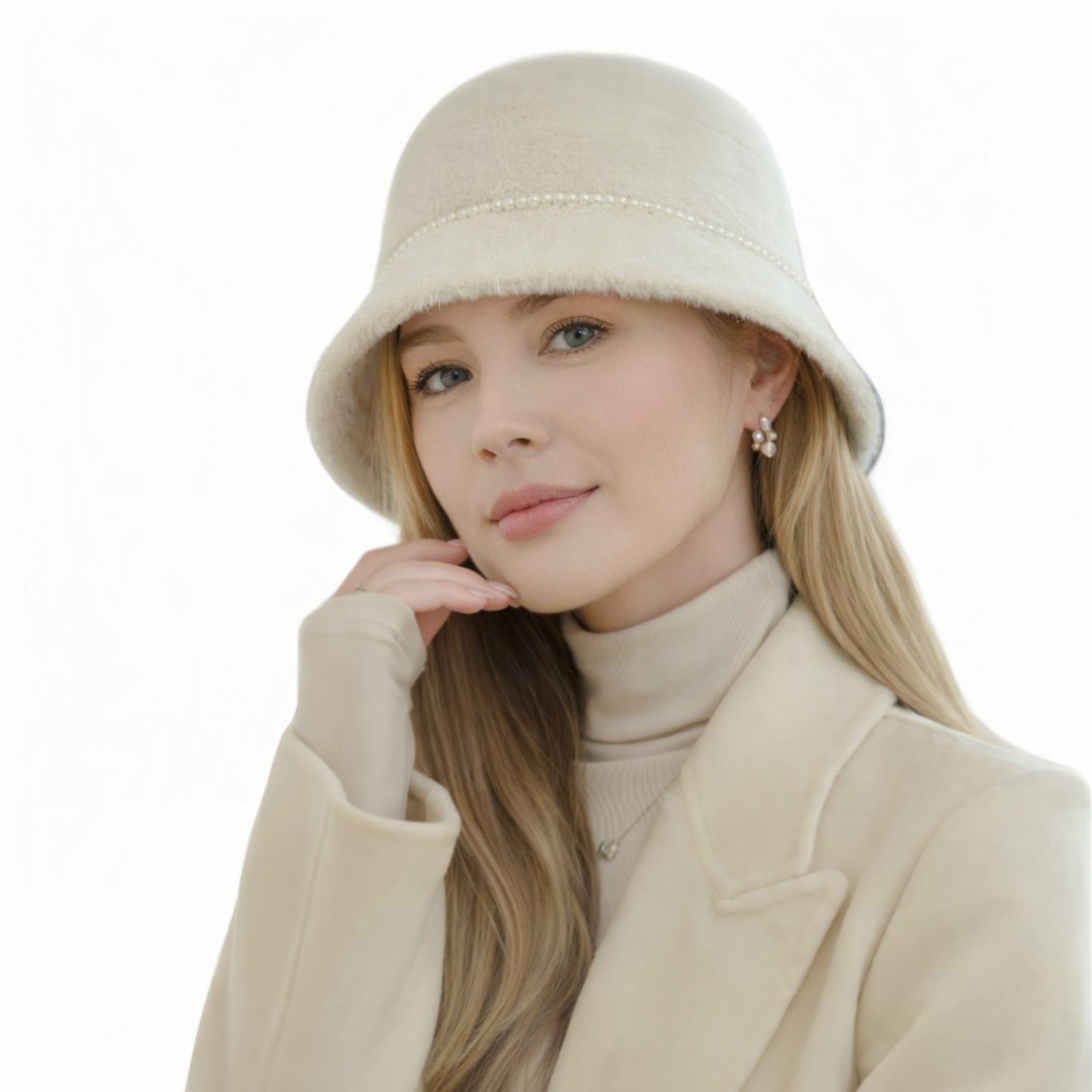 Anna-Kaci Women's Faux Fur Bucket Hat with Pearl Trim Detail Soft Textured Finish and Structured Cozy Winter Headwear 22-22.8in