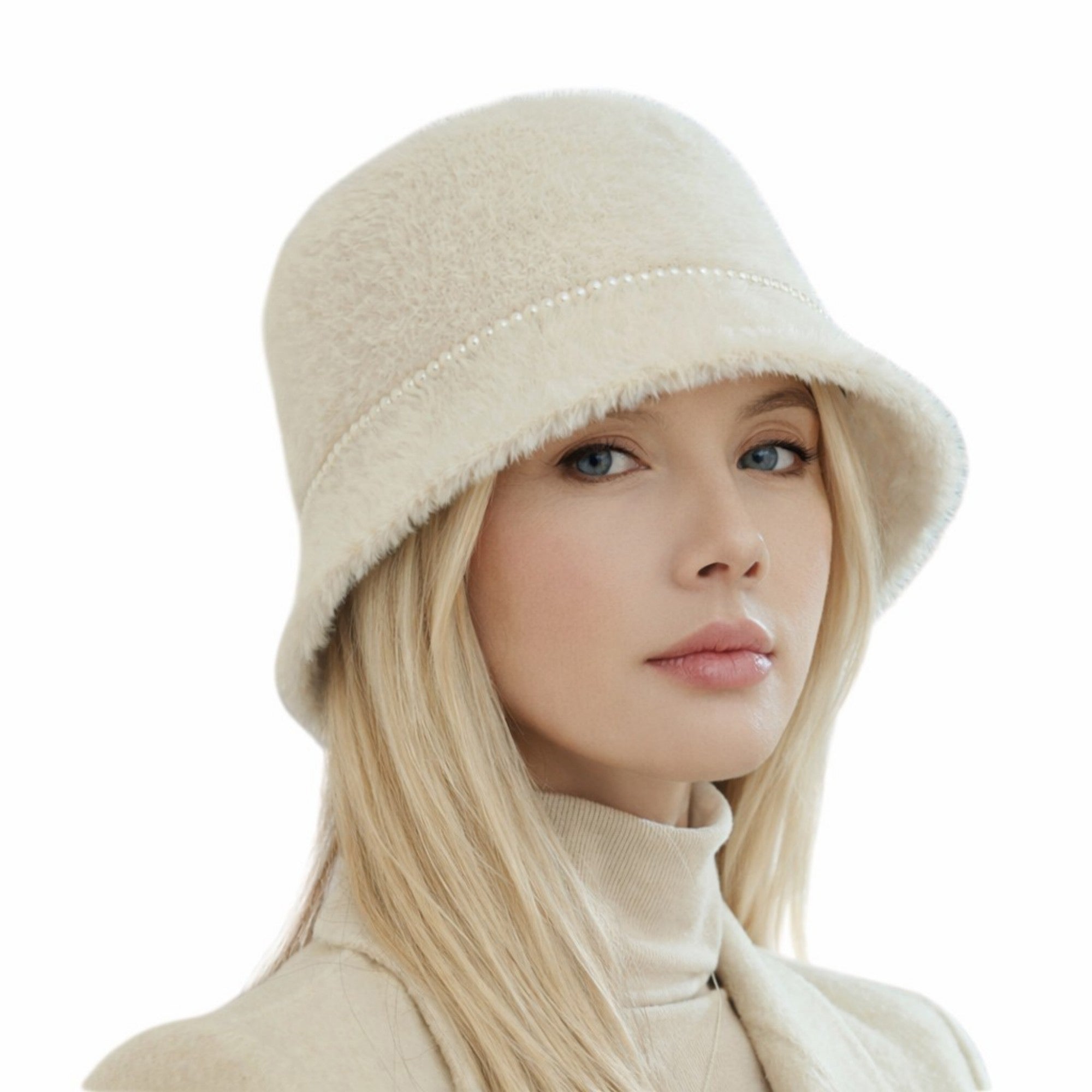 Anna-Kaci Women's Faux Fur Bucket Hat with Pearl Trim Detail Soft Textured Finish and Structured Cozy Winter Headwear 22-22.8in
