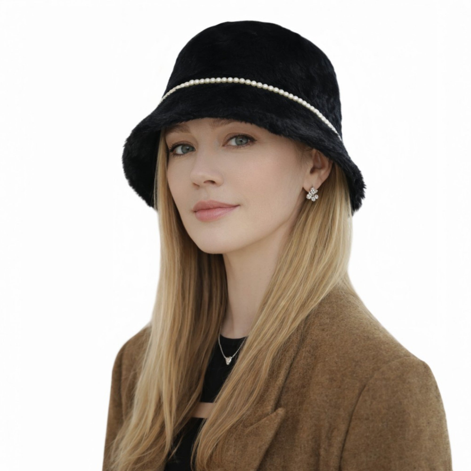 Anna-Kaci Women's Faux Fur Bucket Hat with Pearl Trim Detail Soft Textured Finish and Structured Cozy Winter Headwear 22-22.8in
