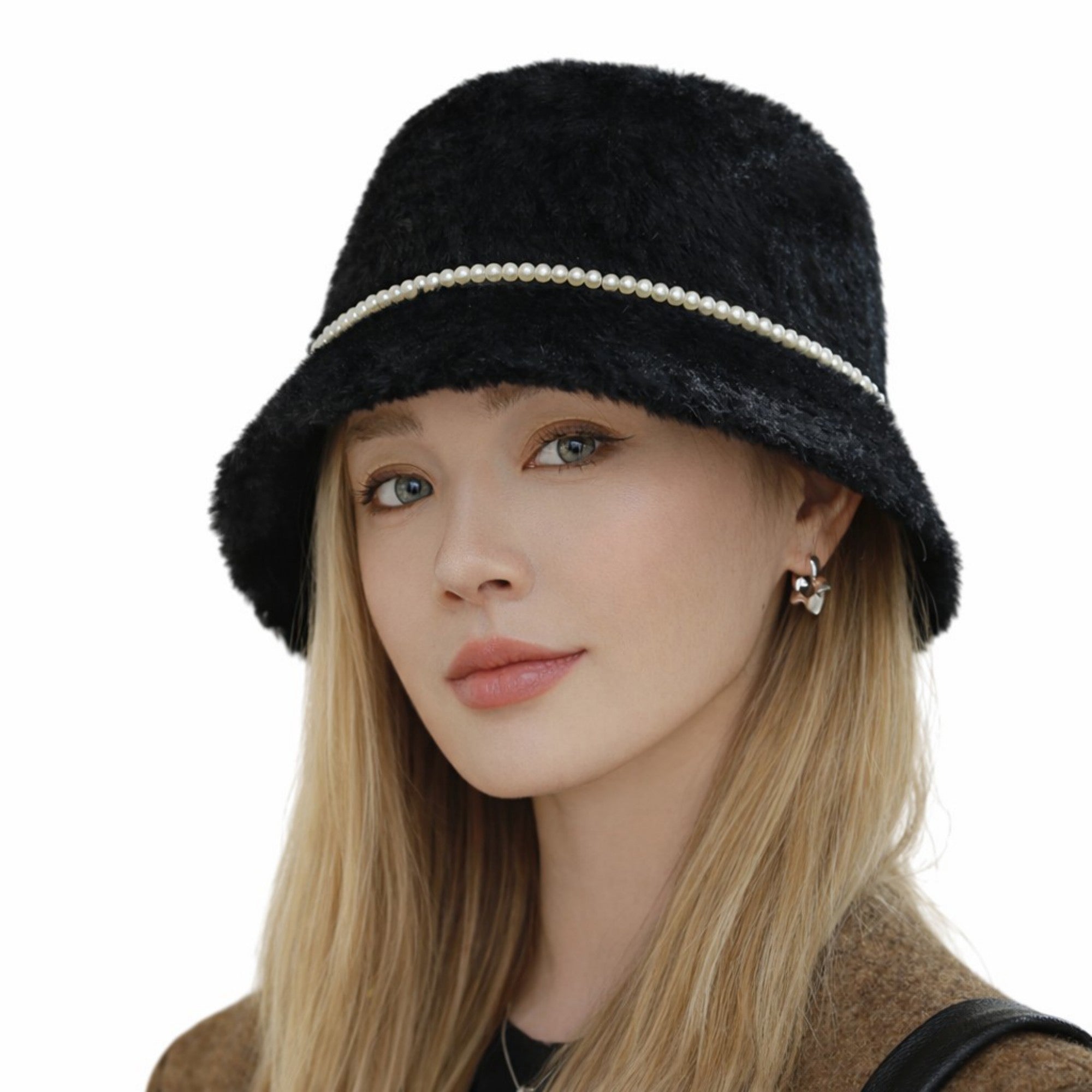 Anna-Kaci Women's Faux Fur Bucket Hat with Pearl Trim Detail Soft Textured Finish and Structured Cozy Winter Headwear 22-22.8in