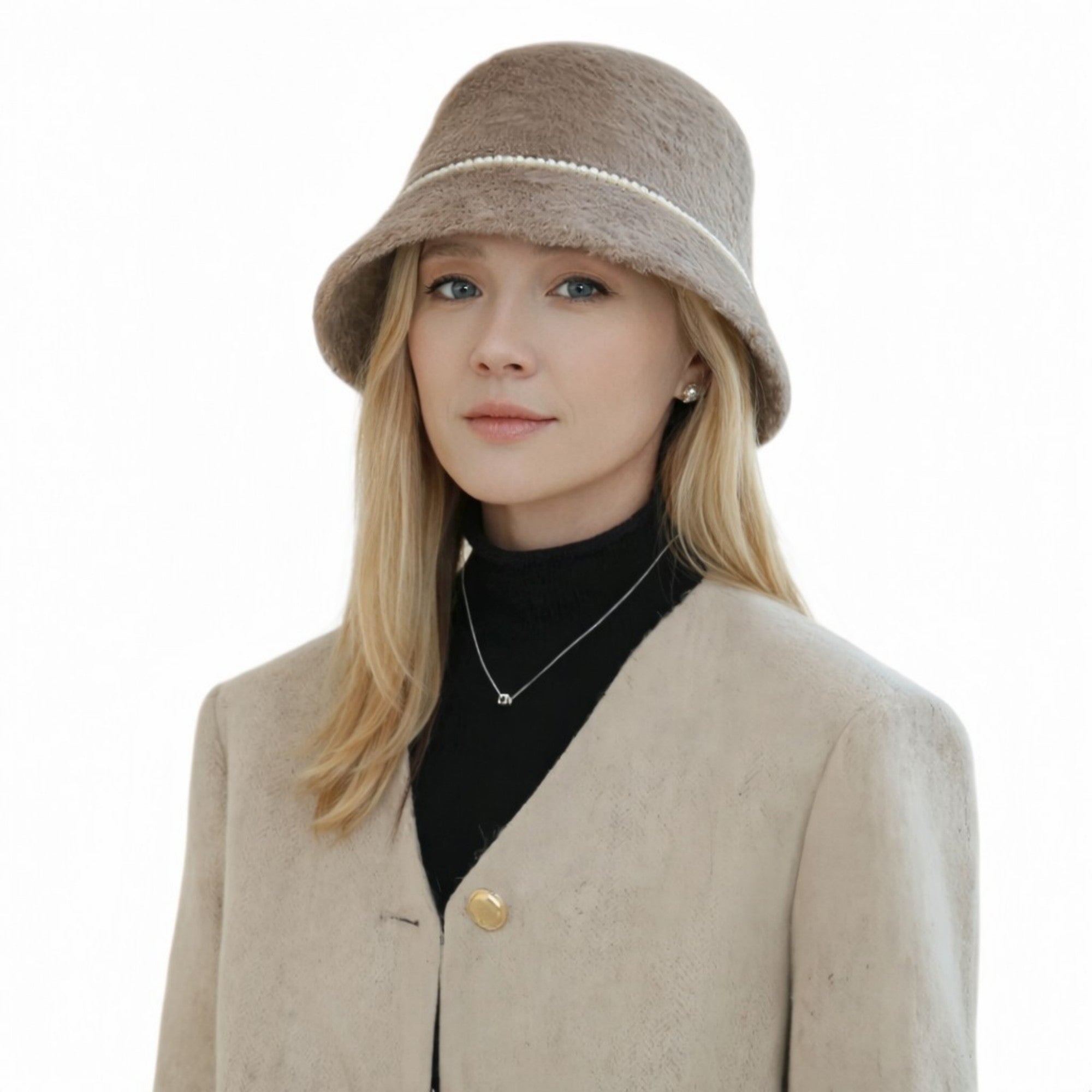 Anna-Kaci Women's Faux Fur Bucket Hat with Pearl Trim Detail Soft Textured Finish and Structured Cozy Winter Headwear 22-22.8in