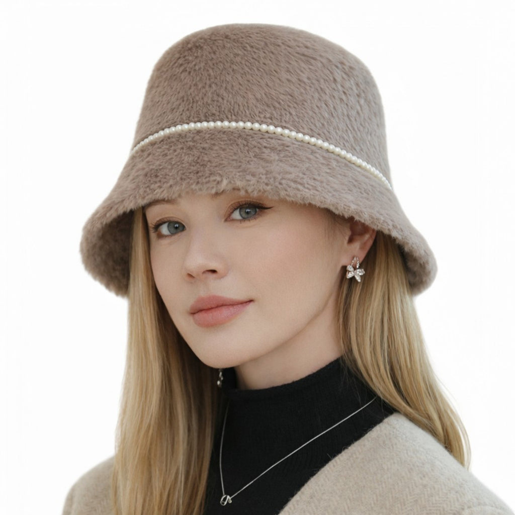 Anna-Kaci Women's Faux Fur Bucket Hat with Pearl Trim Detail Soft Textured Finish and Structured Cozy Winter Headwear 22-22.8in