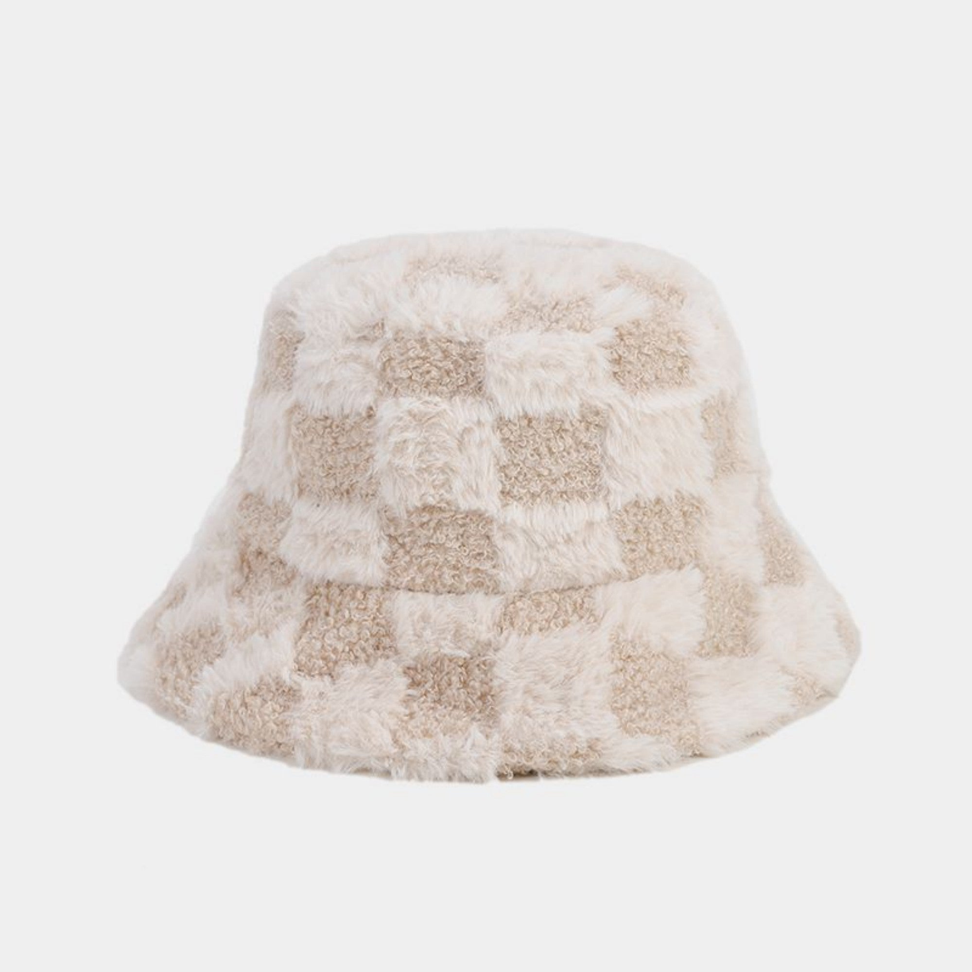 Anna-Kaci Women's Faux Shearling Checkered Bucket Hat with Soft Textured Finish 22-22.8in
